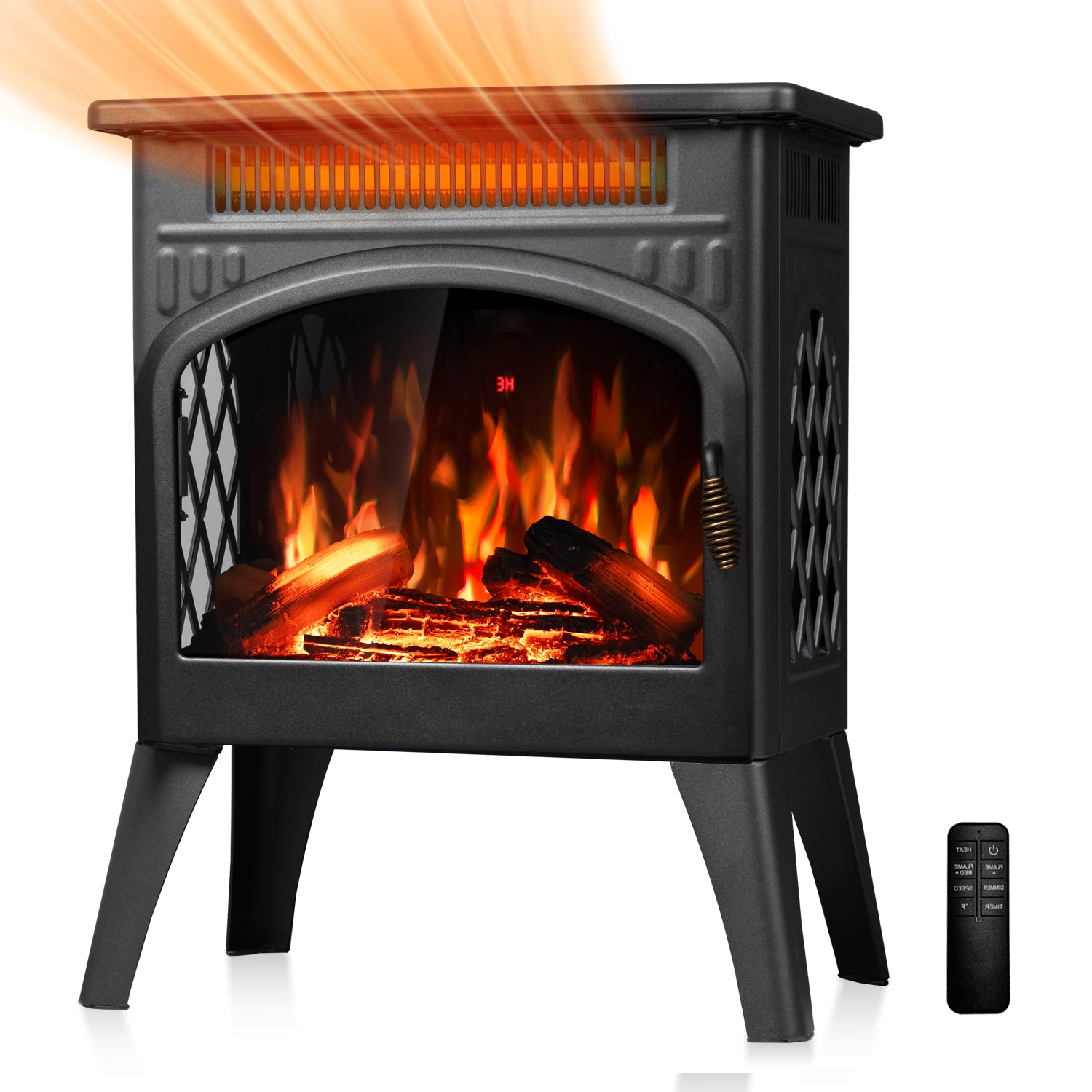R.W.FLAME 17 Inch Freestanding Electric Fireplace Heater with Flame Effects and Log Set Colors, Adjustable Brightness and Heating Mode