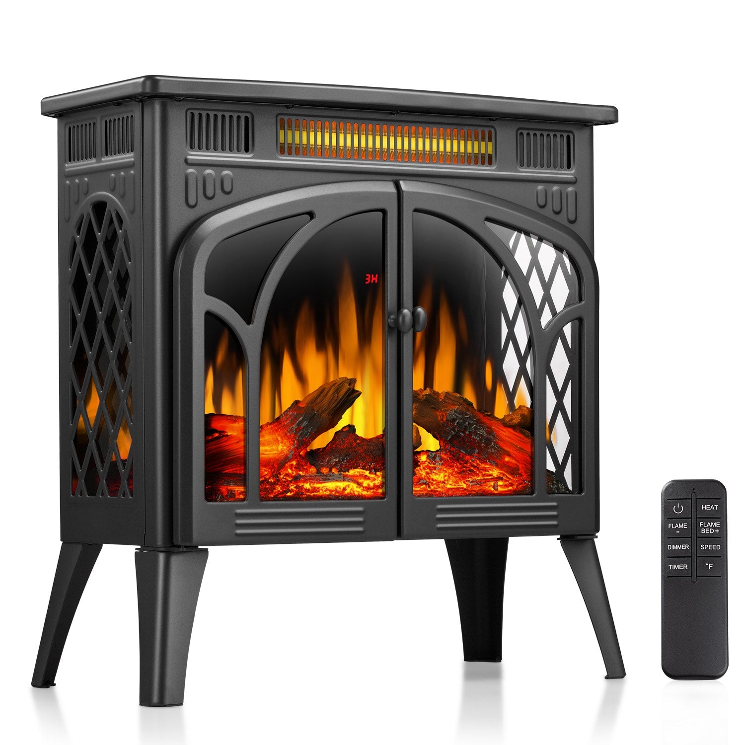 R.W.FLAME 24 Inch Freestanding Electric Fireplace Stove with Controllable 3D Flame, 4 Variable Flame and Log Colors R.W.FLAME