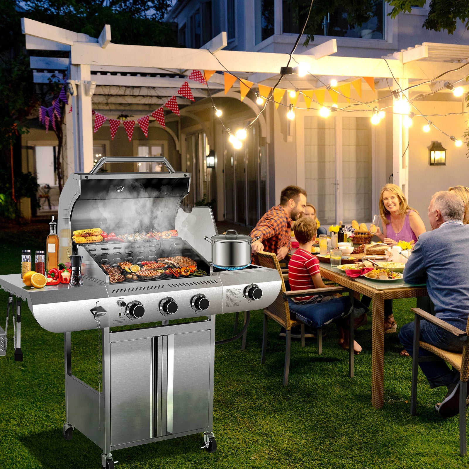 R.W.FLAME 3-Burner 34,000 BTU Stainless Steel Propane Gas Grill with Side Burner and Wheels R.W.FLAME