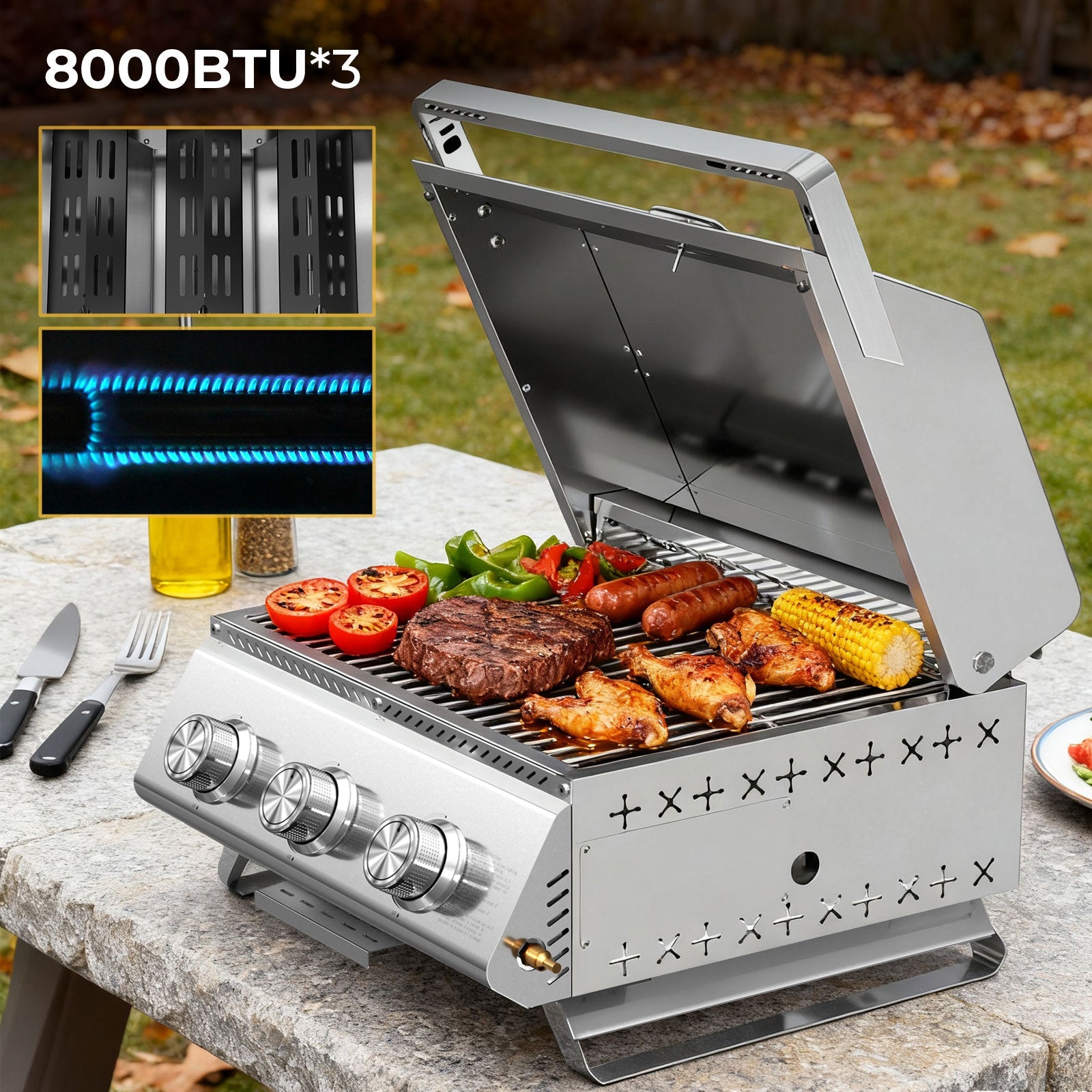 R.W.FLAME 3 Burner Tabletop Propane Gas Grill Stainless Steel Portable Outdoor BBQ Grill with Griddle R.W.FLAME