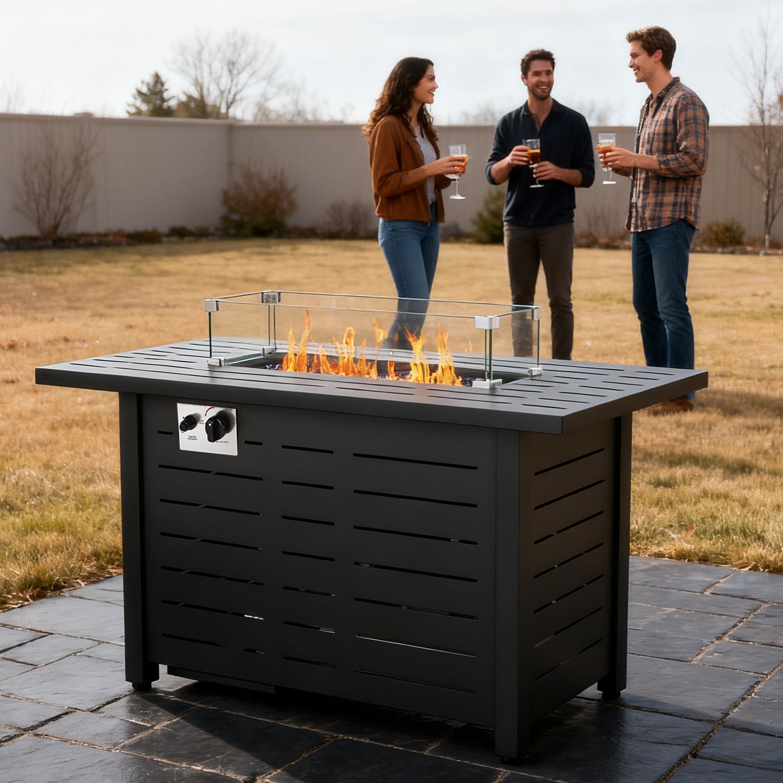 R.W.FLAME 43 Inch 50,000 BTU Square ropane Fire Pit Table with Lid and Glass Stones R.W.FLAME