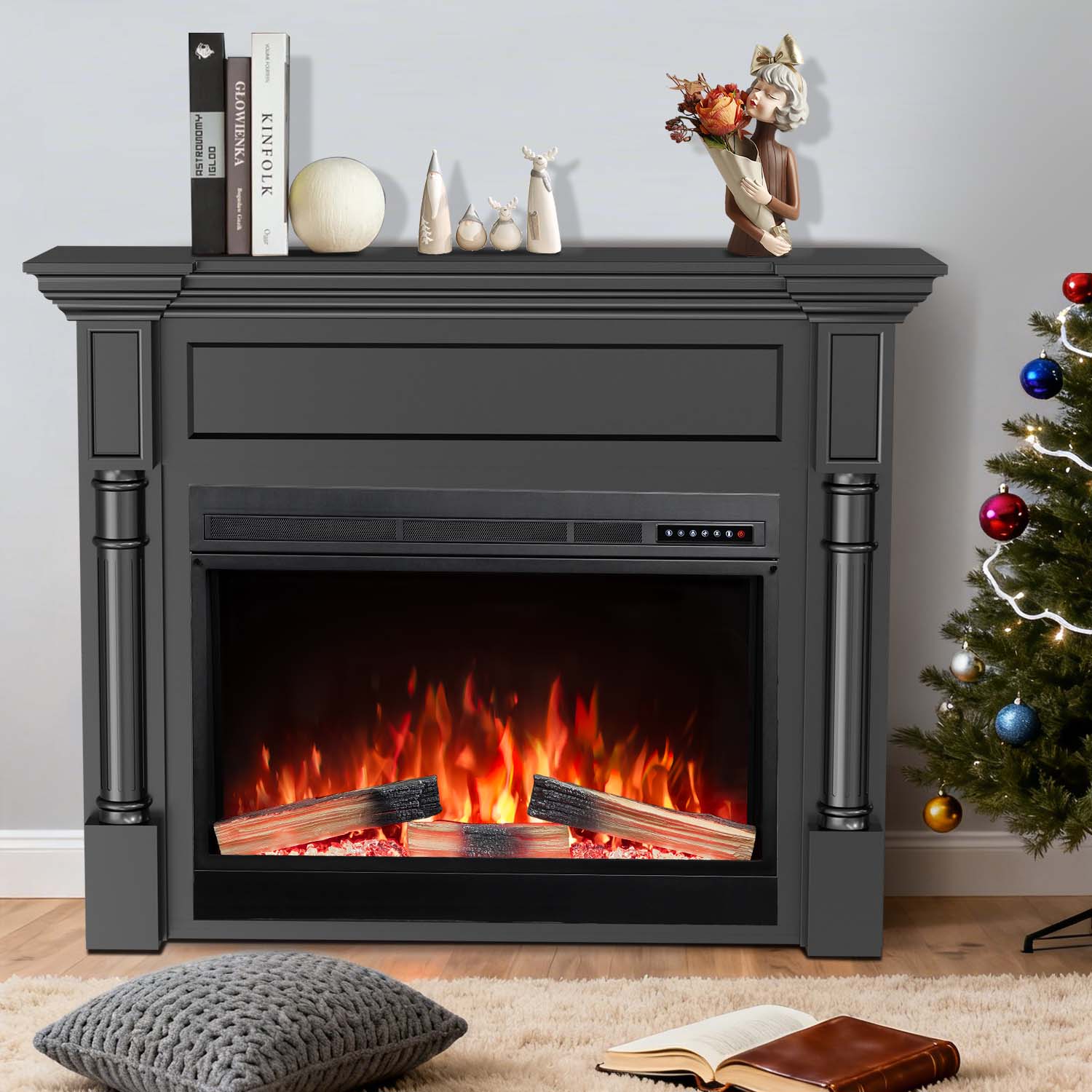 R.W.FLAME 55 Inch Electric Fireplace Mantel with Adjustable Flame, 8H Timer and 750W/1500W Heating