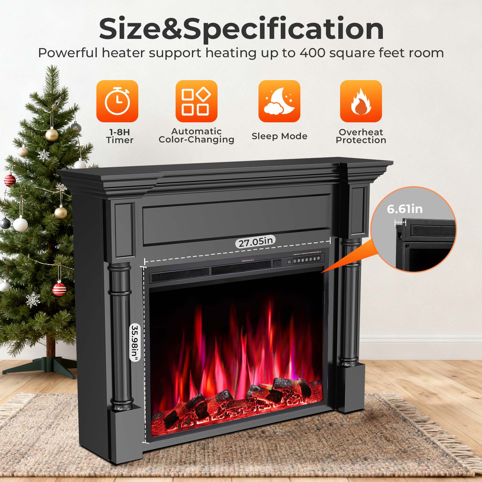 R.W.FLAME 55 Inch Electric Fireplace Mantel with Adjustable Flame, 8H Timer and 750W/1500W Heating