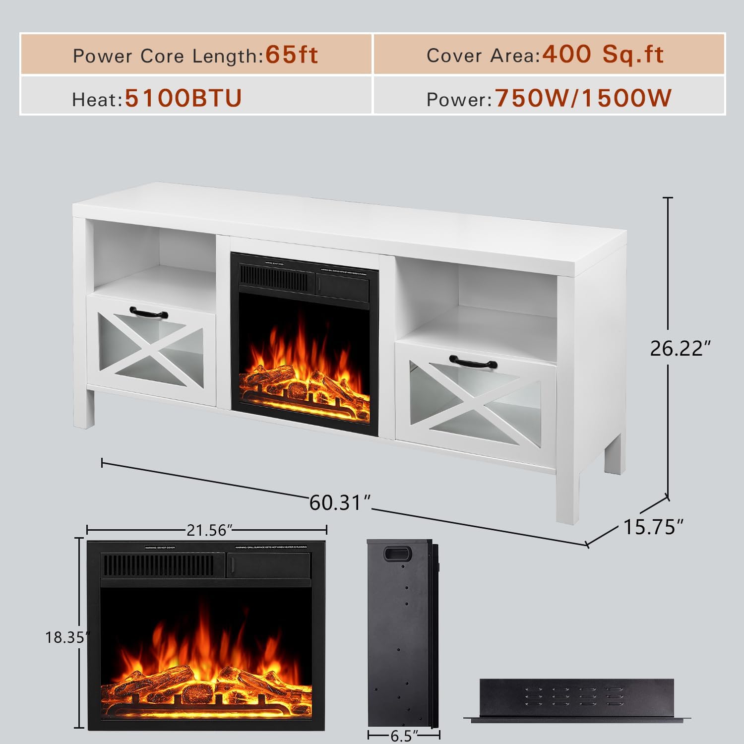 R.W.FLAME 65" Fireplace TV Stand with 20" Electric Fireplace, White R.W.FLAME