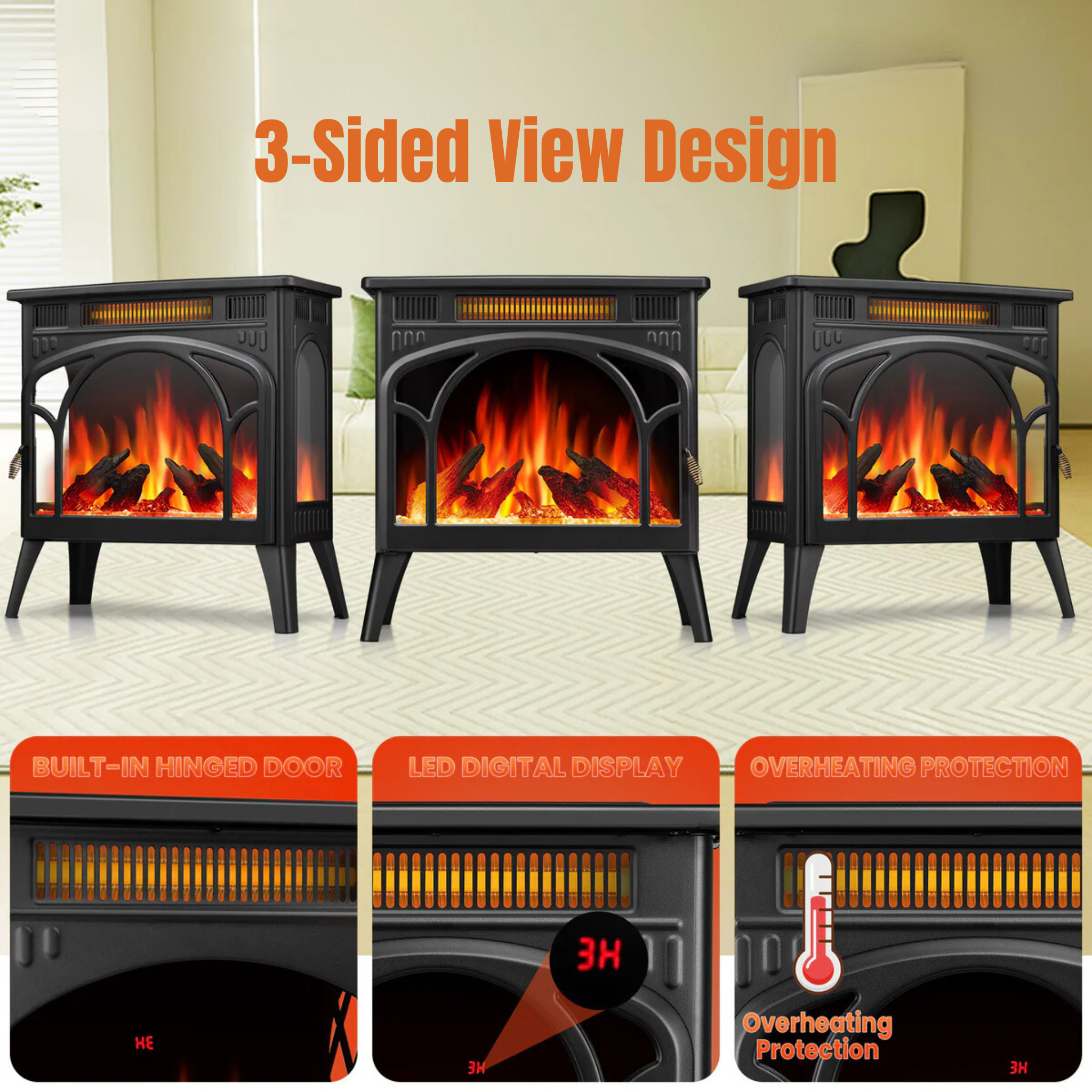 R.W.FLAME Electric Fireplace Heater 25" with 3D Realistic Flame Effect, Freestanding Fireplace, Different Flame Color, 500W/1500W,- Black R.W.FLAME