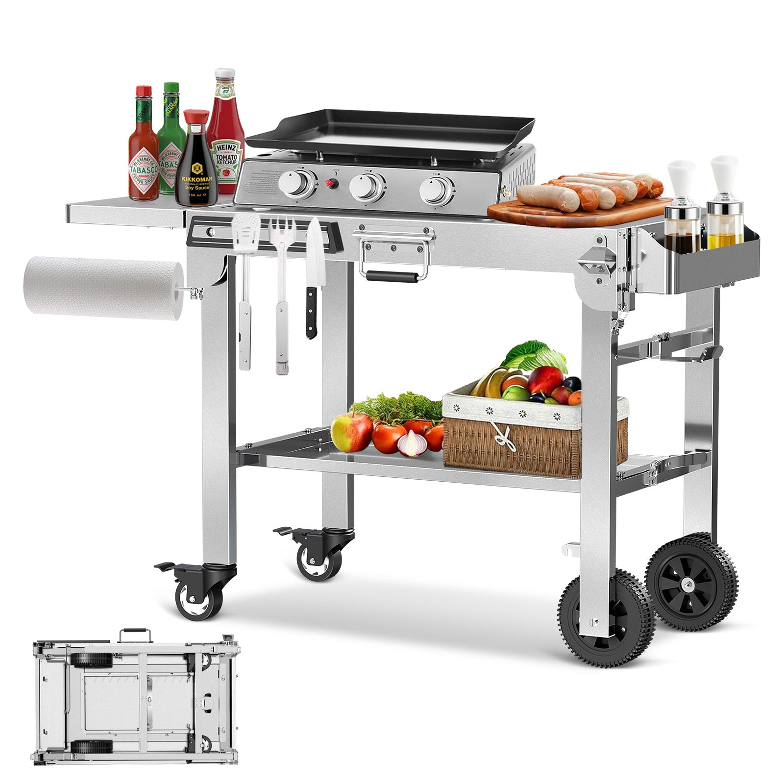 R.W.FLAME Portable Folding Stainless Steel Grill Prep Table with Wheels for Camping Tailgating
