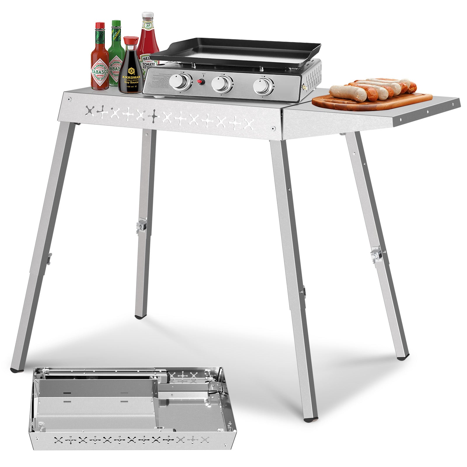 R.W.FLAME Portable Stainless Steel Grill Prep Table with Adjustable and Folding Legs