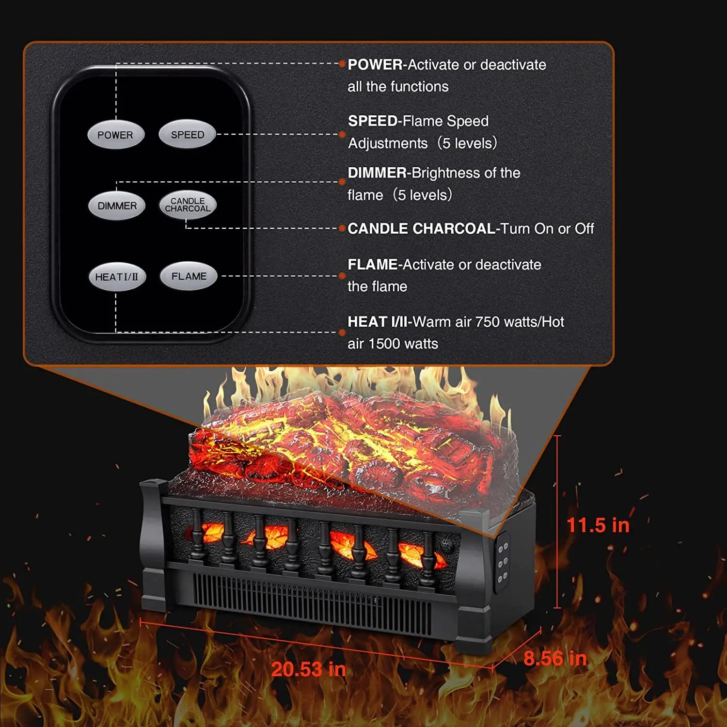 EchoGlow Ember 20" Log Set_R.W.FLAME Electric Fireplace Log Set Heater with Remote Control, 750W/1500W R.W.FLAME