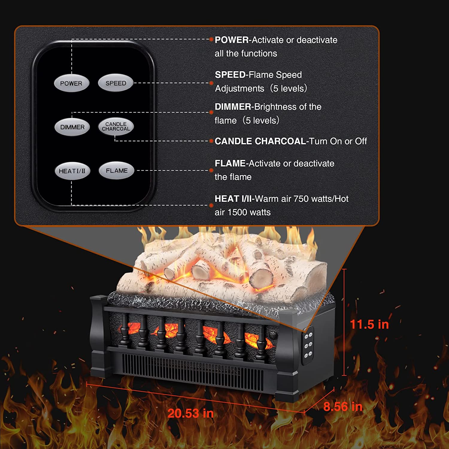 EchoGlow Birch 20" Log Set_R.W.FLAME Electric Fireplace Log Set Heater with Remote Control R.W.FLAME