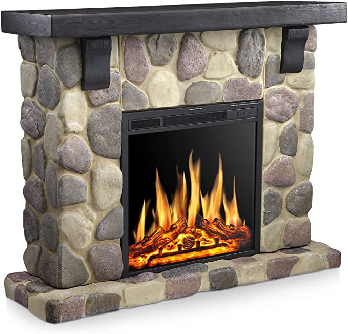 R.W.FLAME Electric Fireplace Mantel Package, 48 inch Freestanding Stone Heater TV Stand with Remote Control, 7 Flame Brightness Settings R.W.FLAME