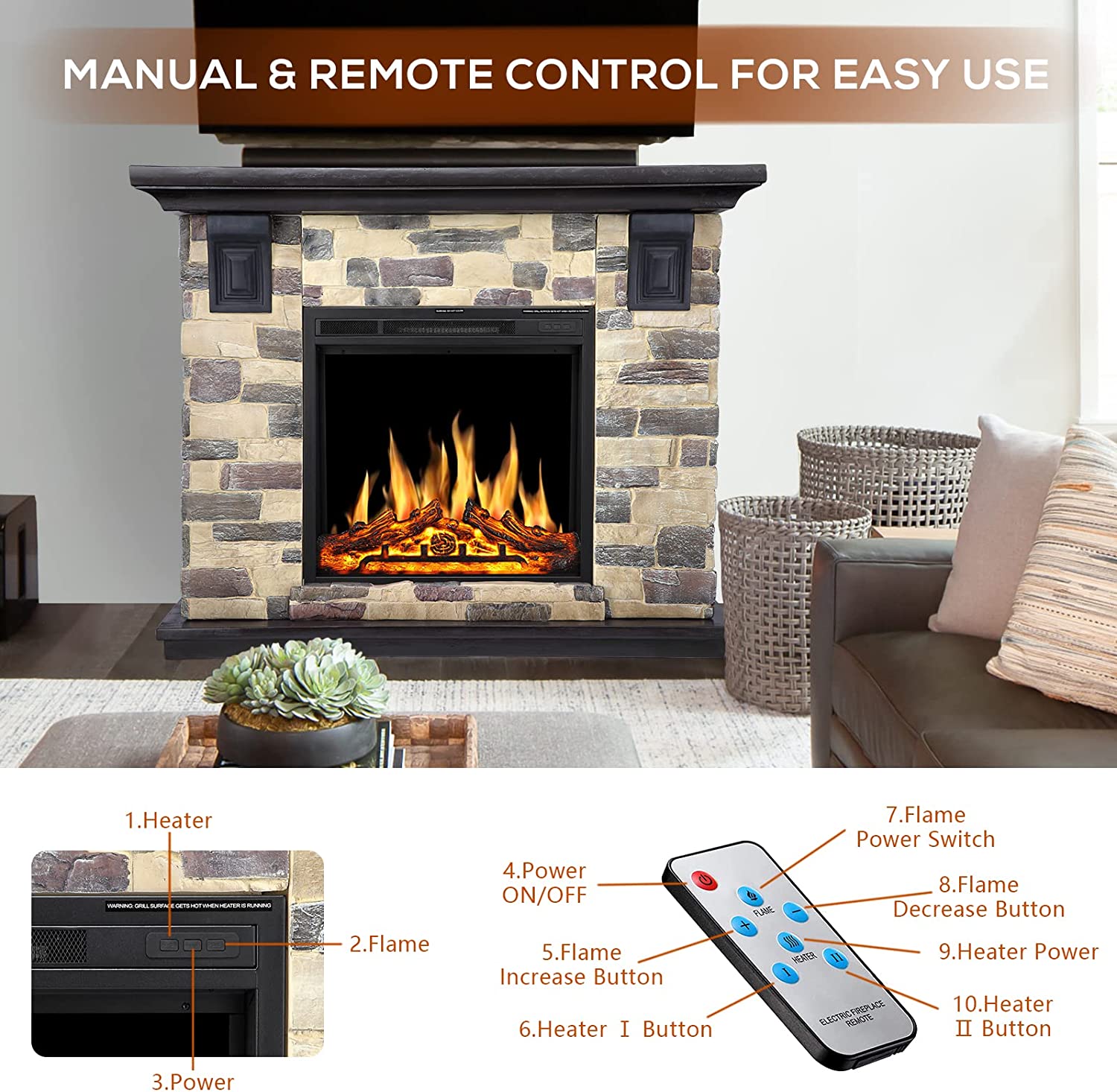 R.W.FLAME Electric Fireplace Mantel Package, 50 inch Freestanding Stone Fireplace Heater TV Stand with Remote Control R.W.FLAME
