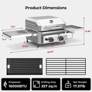 16,000 BTU Dual-Burner Tabletop Gas Grill Stainless Steel with Dual Storage Side Platforms