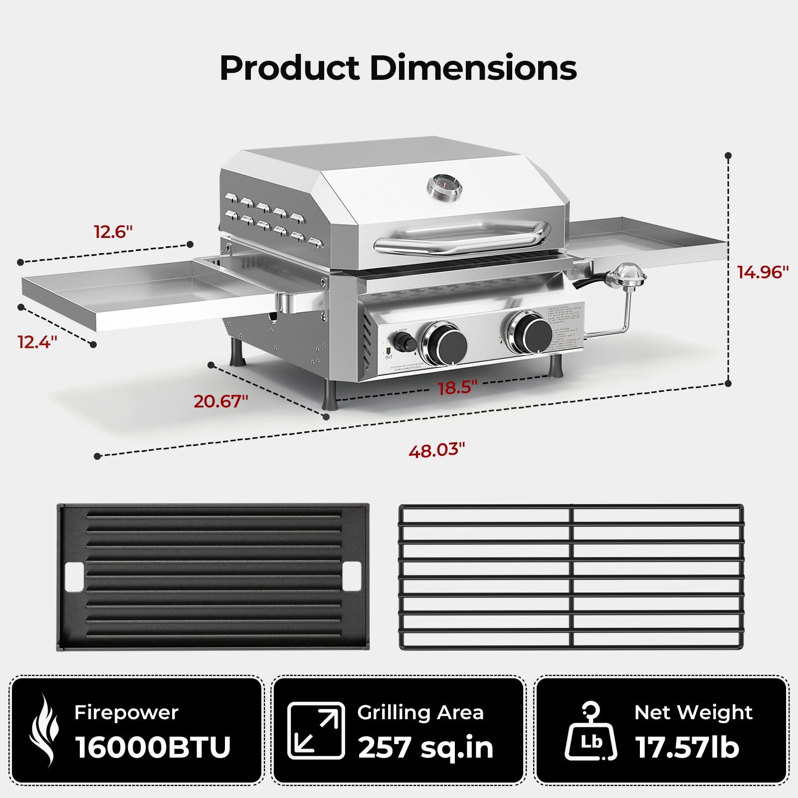 16,000 BTU Dual-Burner Tabletop Gas Grill Stainless Steel with Dual Storage Side Platforms