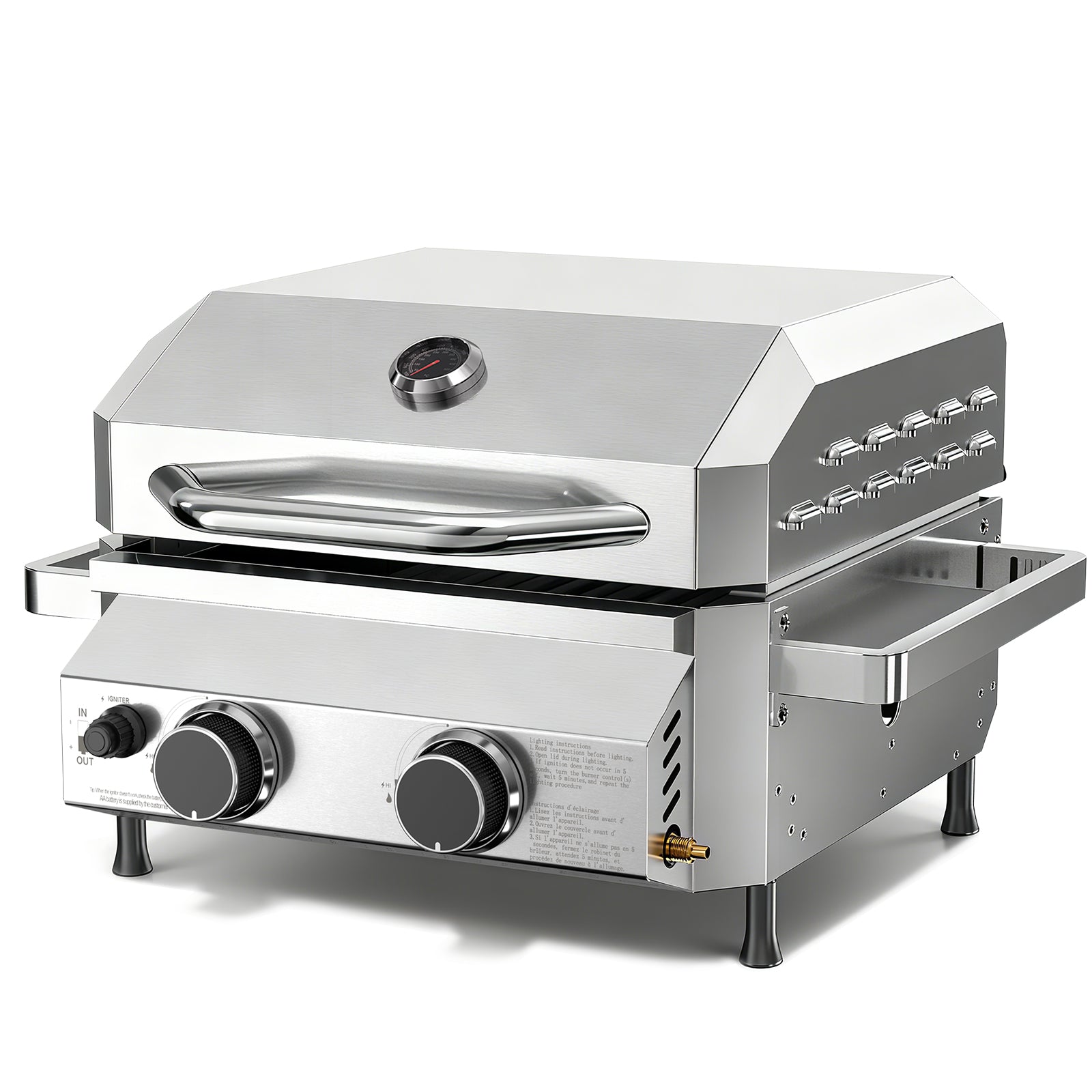 16,000 BTU Dual-Burner Tabletop Gas Grill Stainless Steel with Dual Storage Side Platforms