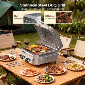 16,000 BTU Dual-Burner Tabletop Gas Grill Stainless Steel with Dual Storage Side Platforms