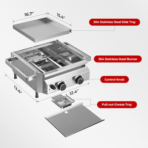16,000 BTU Dual-Burner Tabletop Gas Grill Stainless Steel with Dual Storage Side Platforms