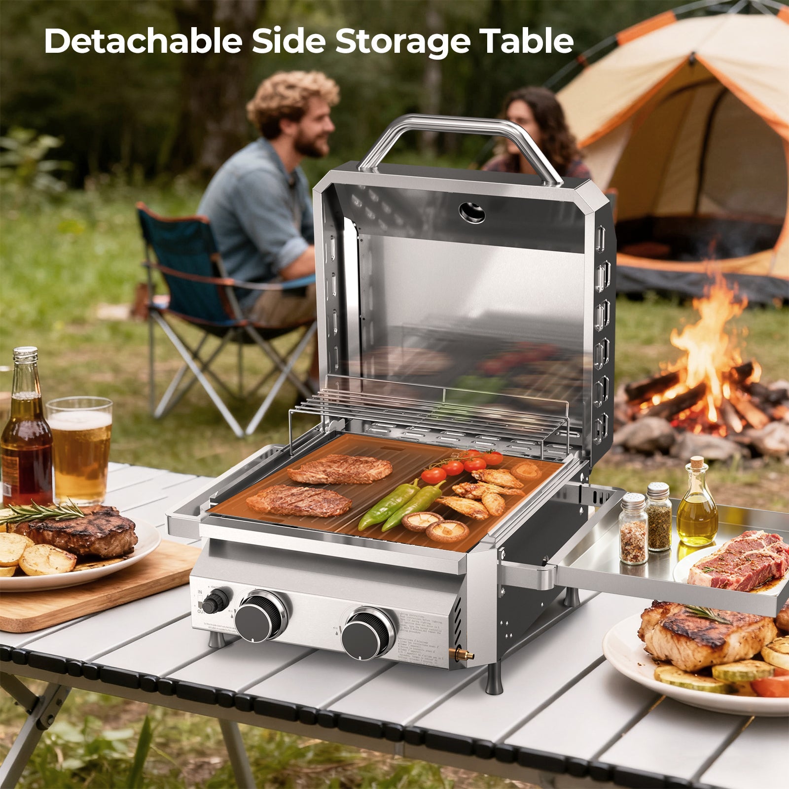 16,000 BTU Dual-Burner Tabletop Gas Grill Stainless Steel with Dual Storage Side Platforms