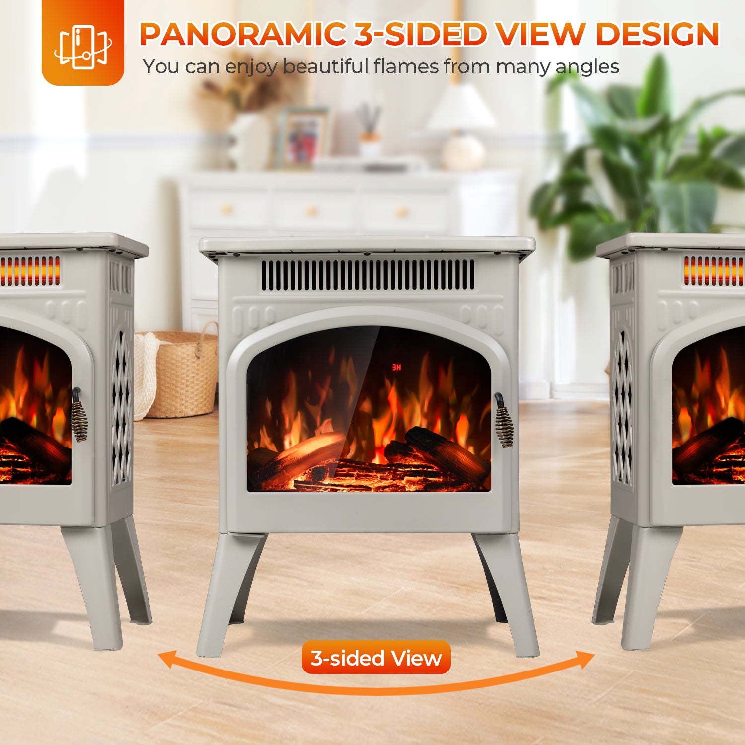 R.W.FLAME 17 Inch Freestanding Electric Fireplace Heater with Flame Effects and Log Set Colors, Adjustable Brightness and Heating Mode