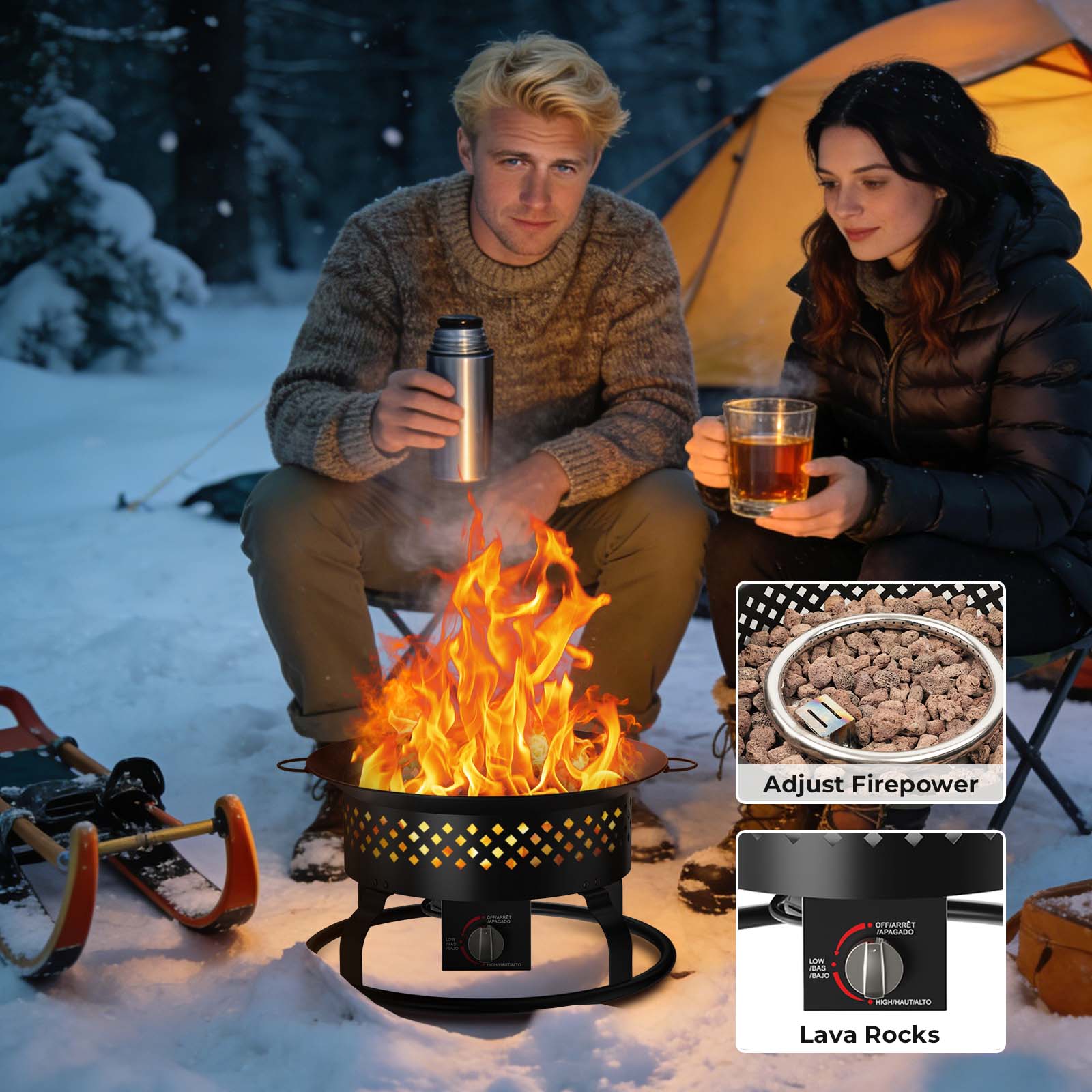 Portable Propane Fire Pit 19 Inch 50000 BTU Smokeless with Carry Bag Lava Rocks