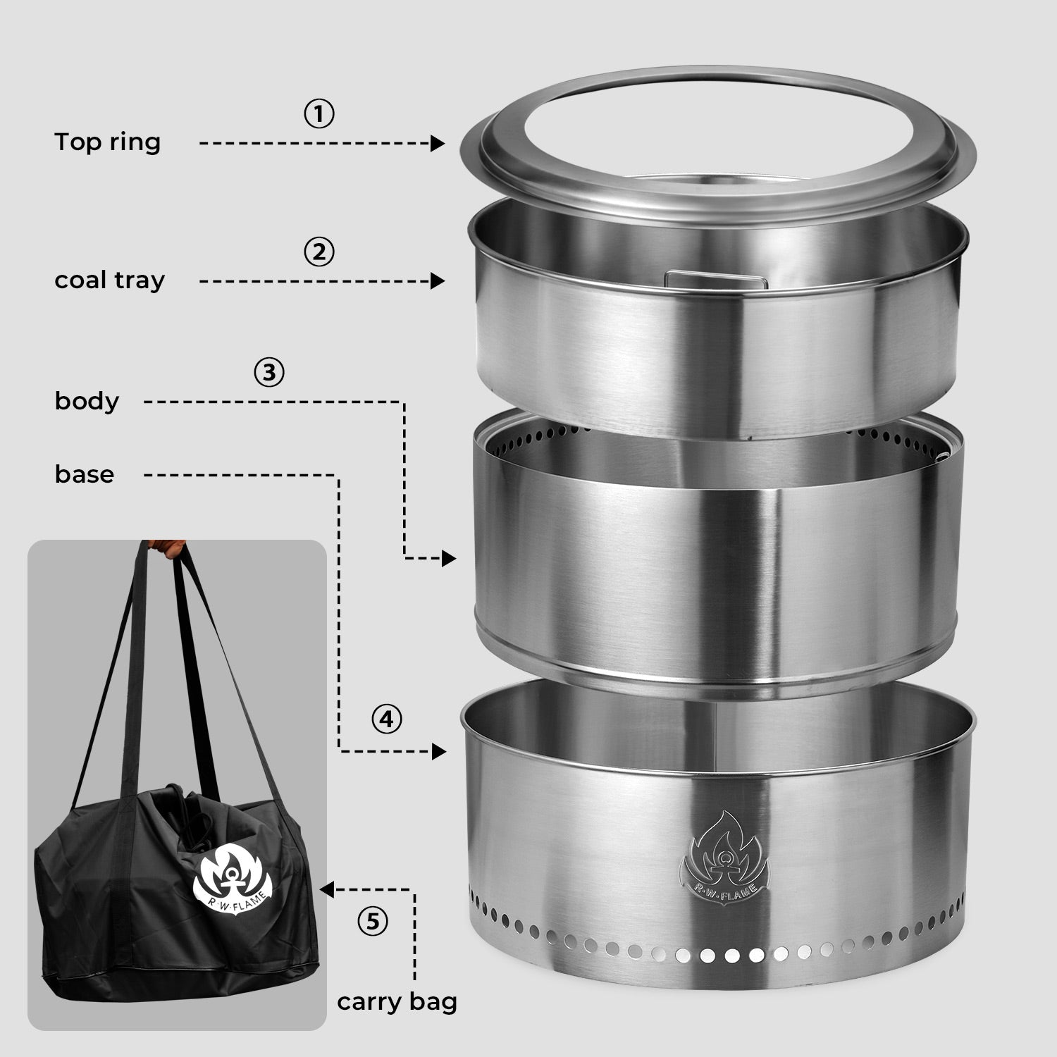 R.W.FLAME 19" Round Stainless SteelSmokeless Fire Pit with Detachable Ash Pan and Carry Bag