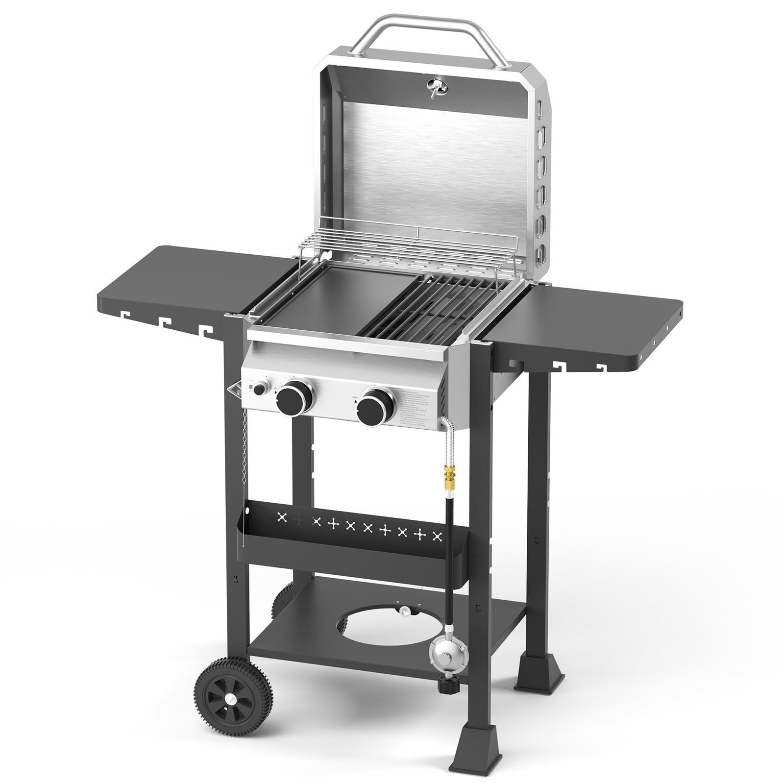 Propane Gas BBQ Grill 2-Burner Barbecue Grills with Cast Iron Frying Pan and Grates Combo, 16000 BTU Output Stainless Steel Grill for Outdoor Cooking, Patio, Backyard Party