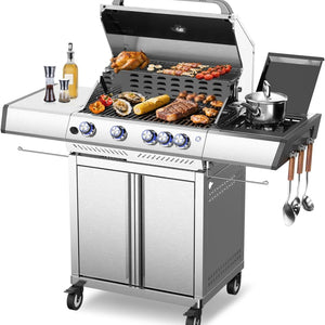 R.W.FLAME 4 Burner 42,000 BTU Propane Gas Grill with Side Burner and Stainless Steel Mesh for Camping Backyard R.W.FLAME