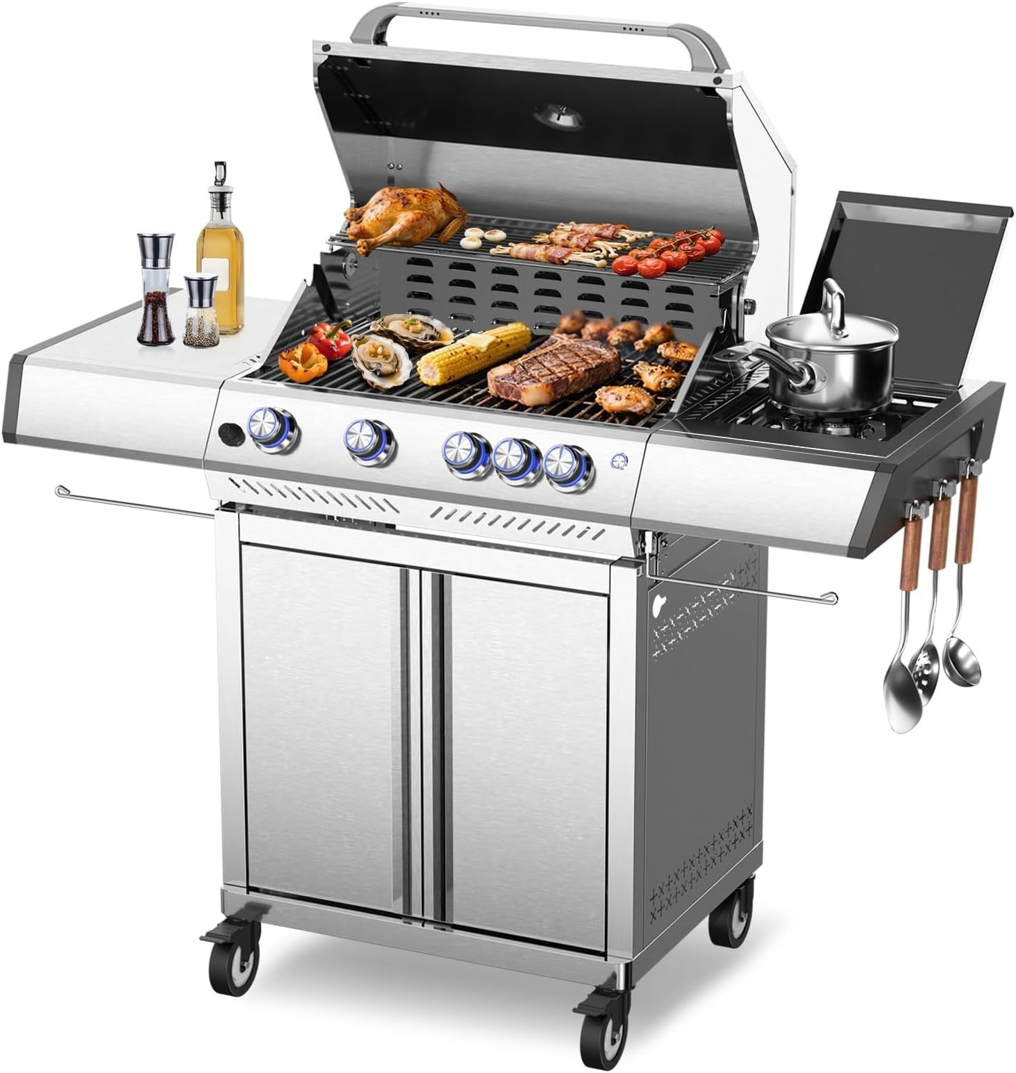 R.W.FLAME Food Grade 304 Stainless Steel 4-Burner Propane Gas Grill, Last-Long BBQ Grill with Side Burner, 42000 BTU Barbecue Grill with Cooking Grids & Cooking Tray & Pizza Stone for Backyard, Patio
