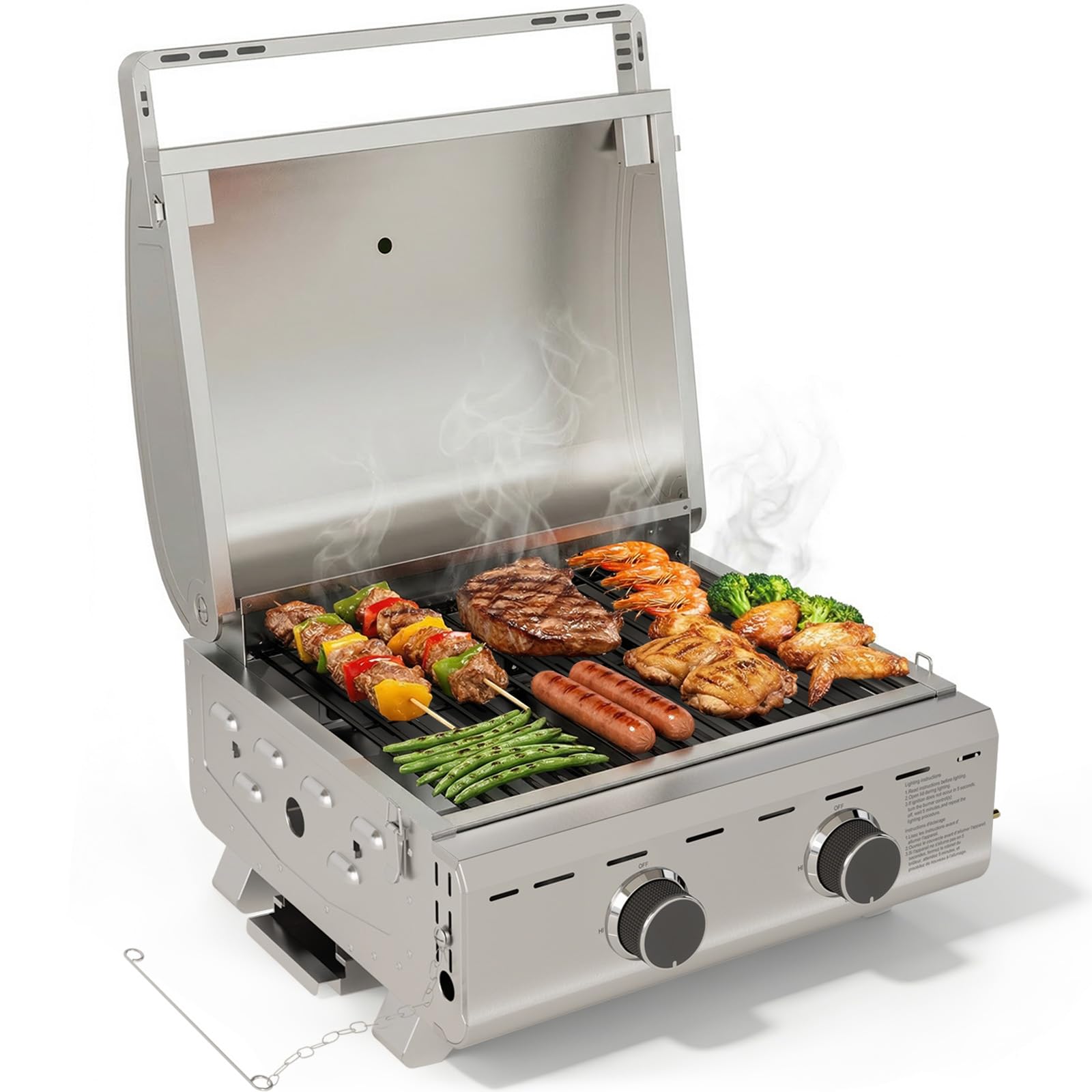 2-Burner Tabletop Propane Gas Grill Stainless Steel 16000 BTU with Foldable Legs