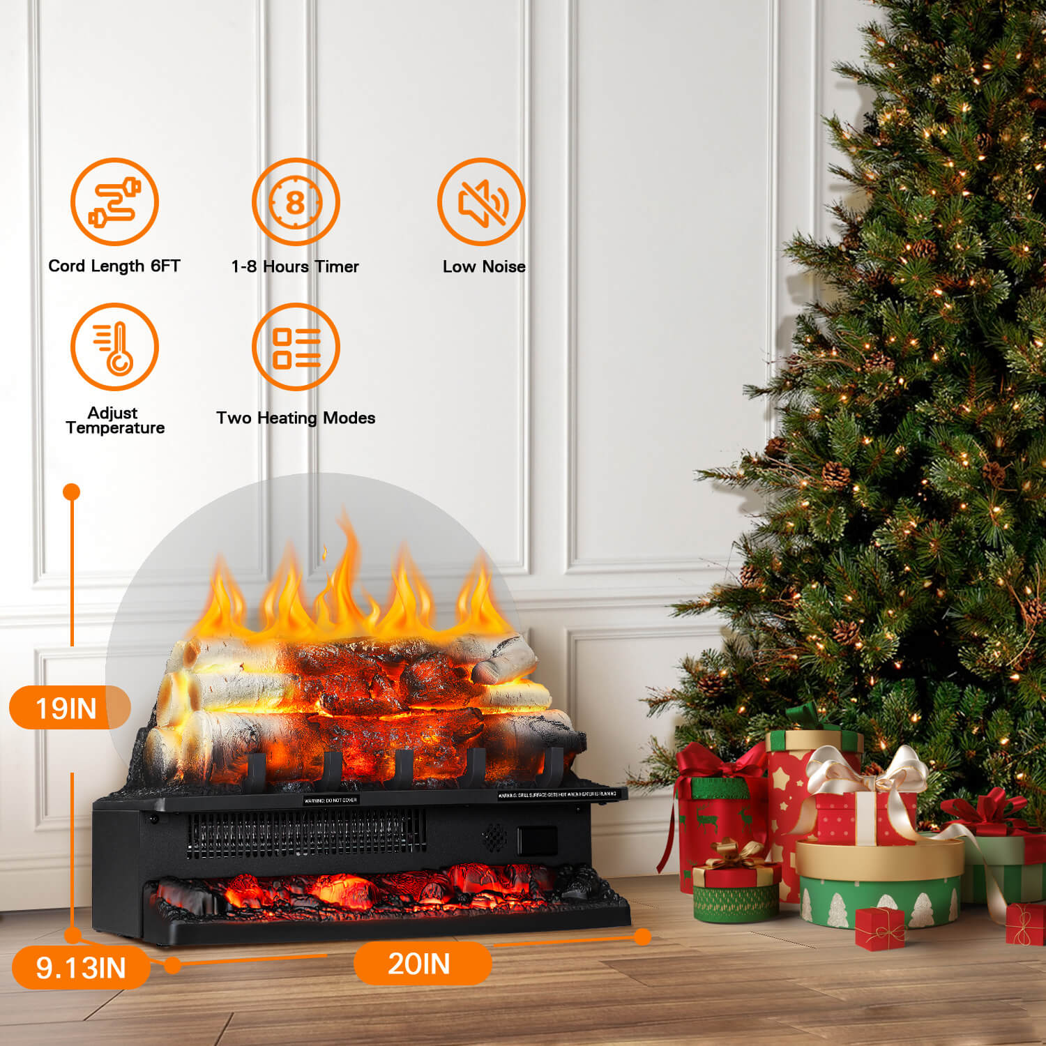 R.W.FLAME 20 Inch Electric Fireplace Log Heater with Crackling Sound and 5 Flame Brightness