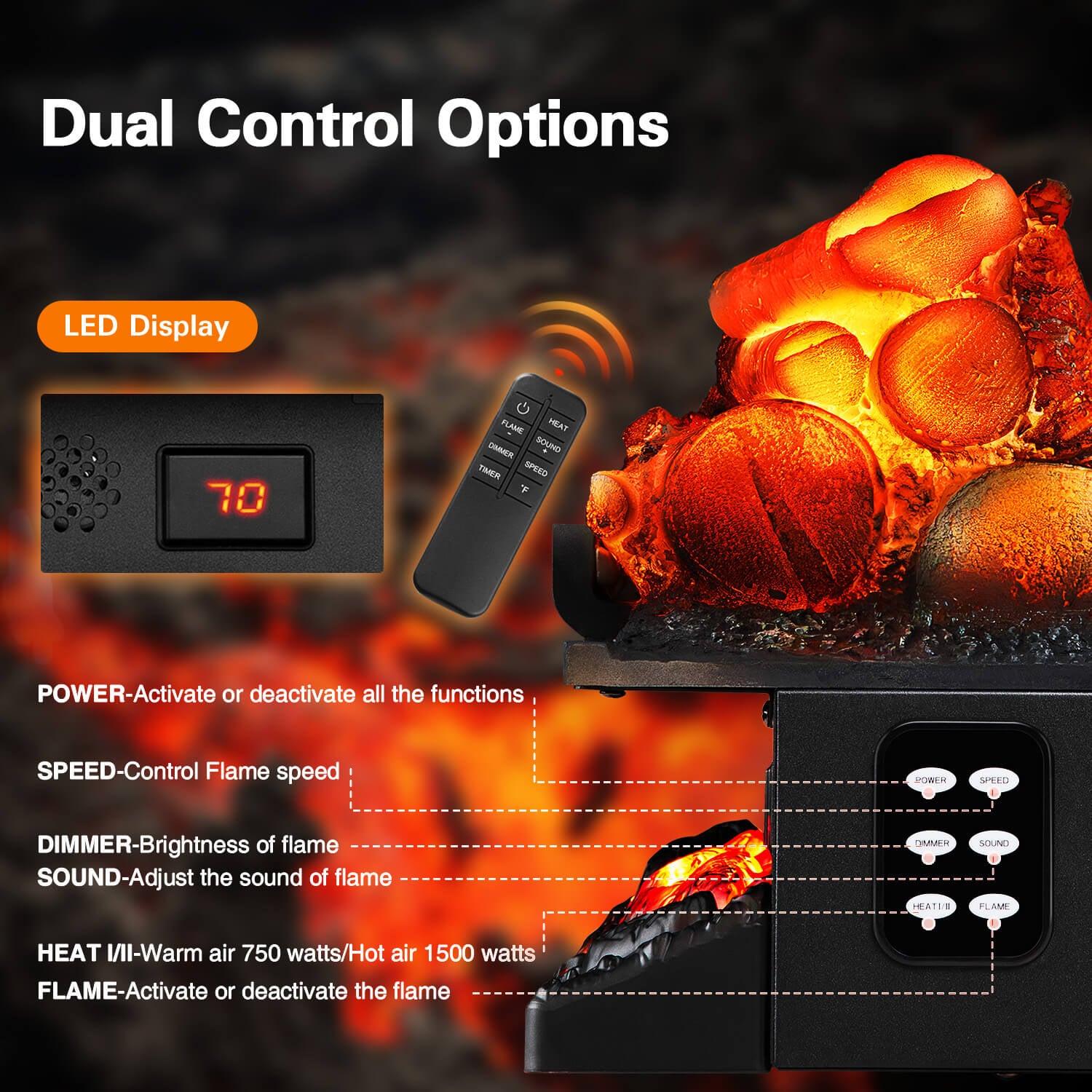 R.W.FLAME 20 Inch Electric Fireplace Log Heater with Crackling Sound and 5 Flame Brightness