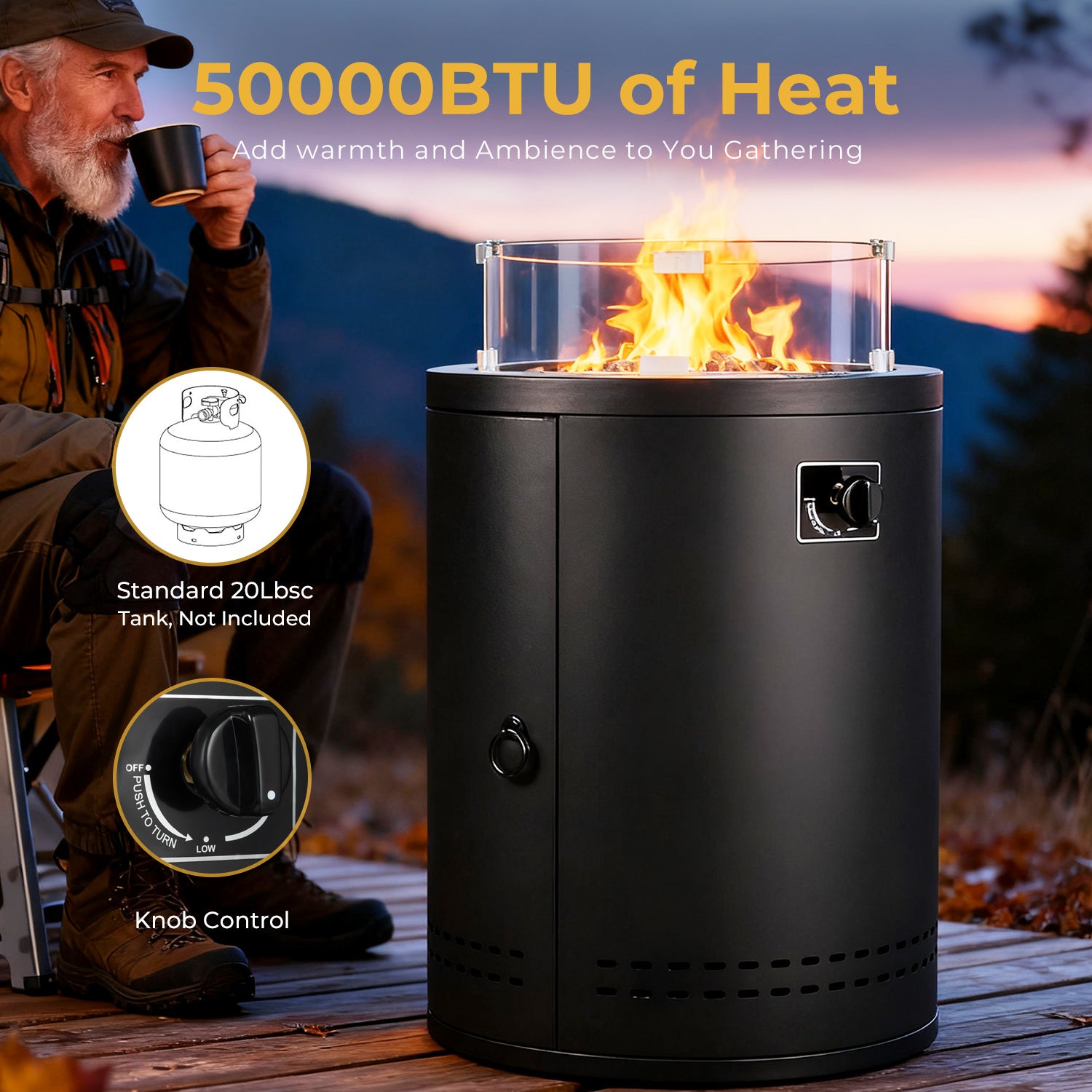 R.W.FLAME 20" 50000 BTU Smokeless Propane Fire Pit with Lava Rocks and Glass Wind Guard