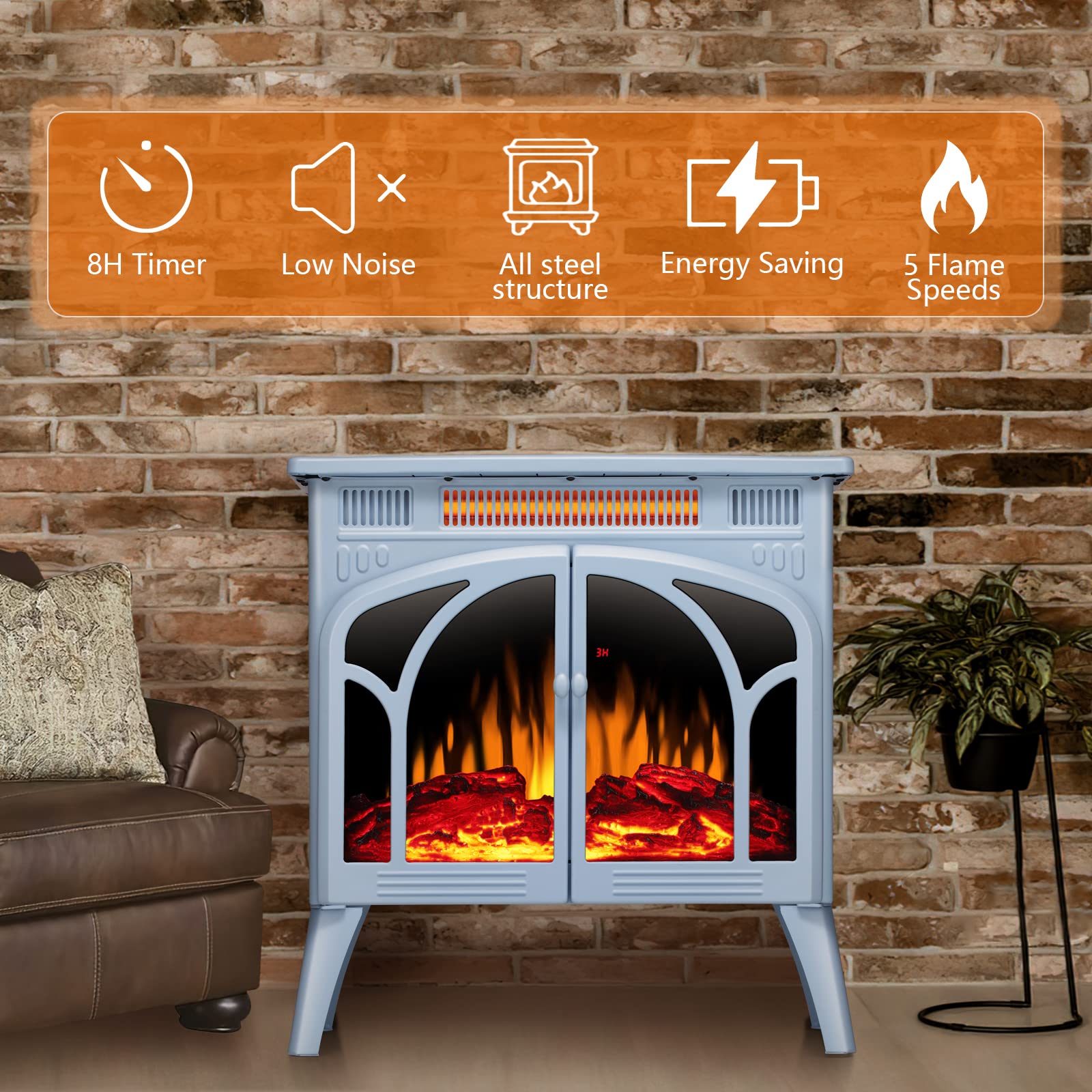 R.W.FLAME 24 Inch Electric Fireplace Stove Heater 1500W Infrared Fireplace Stove w/ 3D Realistic Flame