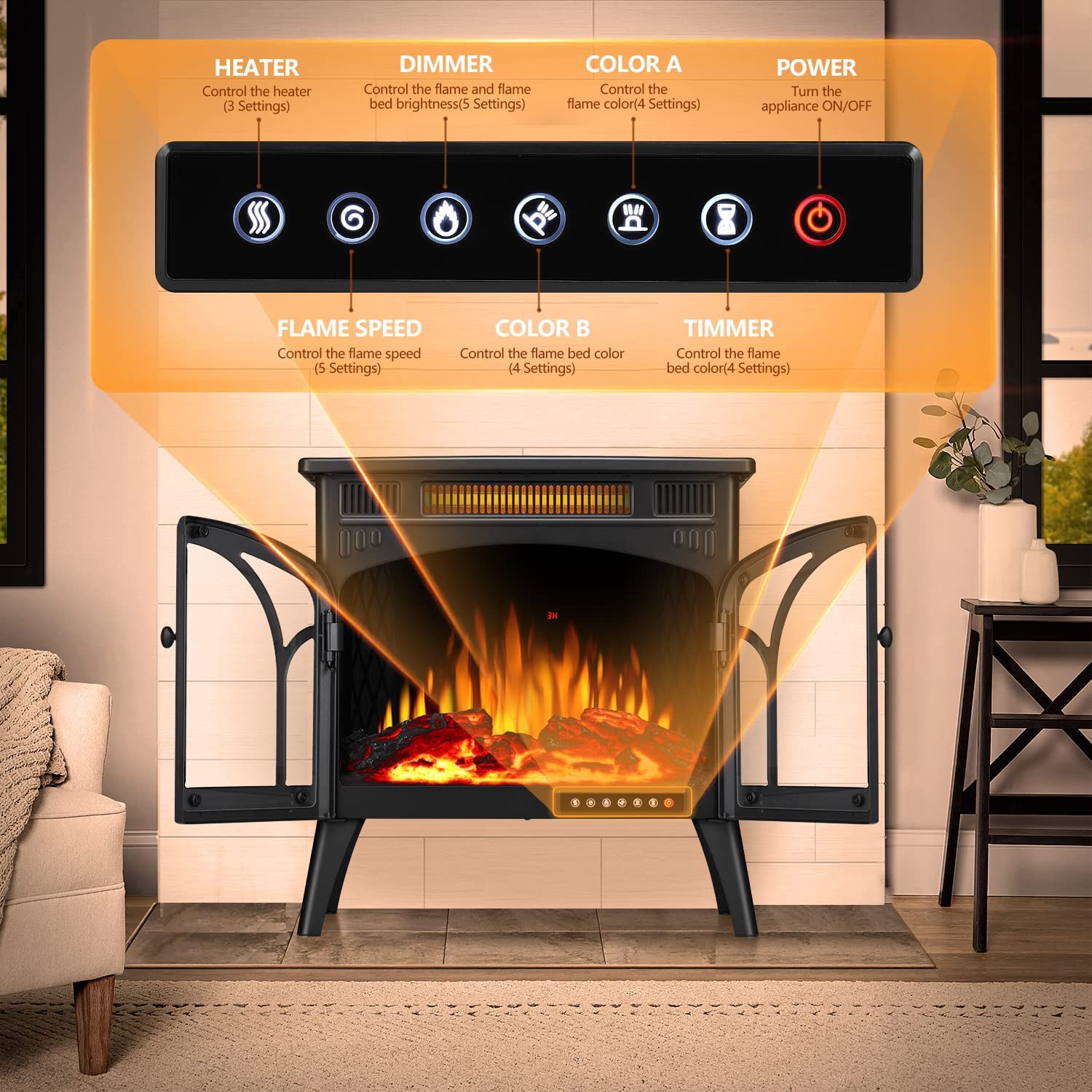 R.W.FLAME 24 Inch Electric Fireplace Heater with 4 Flame Effects and Log Set Colors, Heating Mode, Remote Control R.W.FLAME