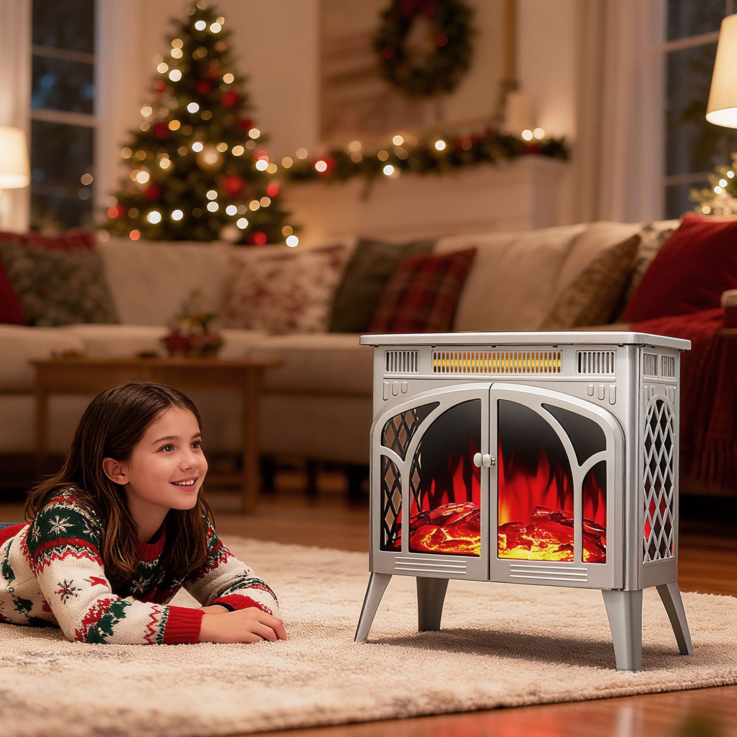 R.W.FLAME 24 Inch Electric Fireplace Heater with 4 Flame Effects and Log Set Colors, Heating Mode, Remote Control