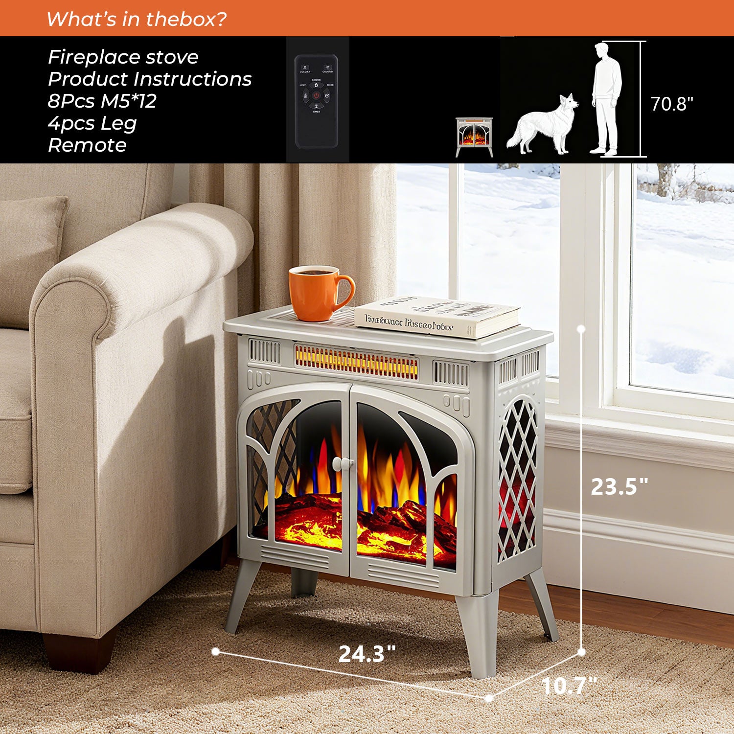 R.W.FLAME 24 Inch Electric Fireplace Heater with 4 Flame Effects and Log Set Colors, Heating Mode, Remote Control