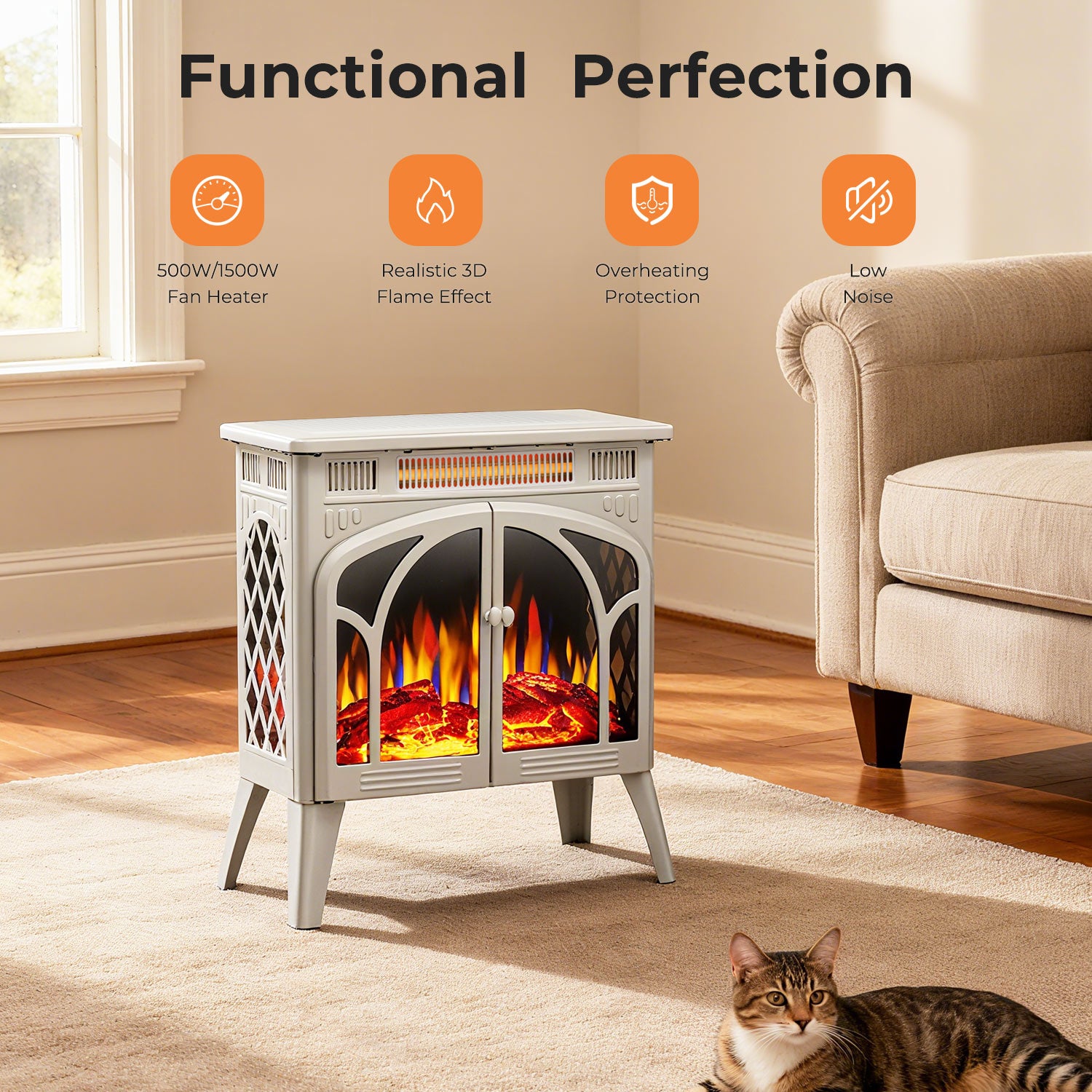 R.W.FLAME 24 Inch Electric Fireplace Heater with 4 Flame Effects and Log Set Colors, Heating Mode, Remote Control
