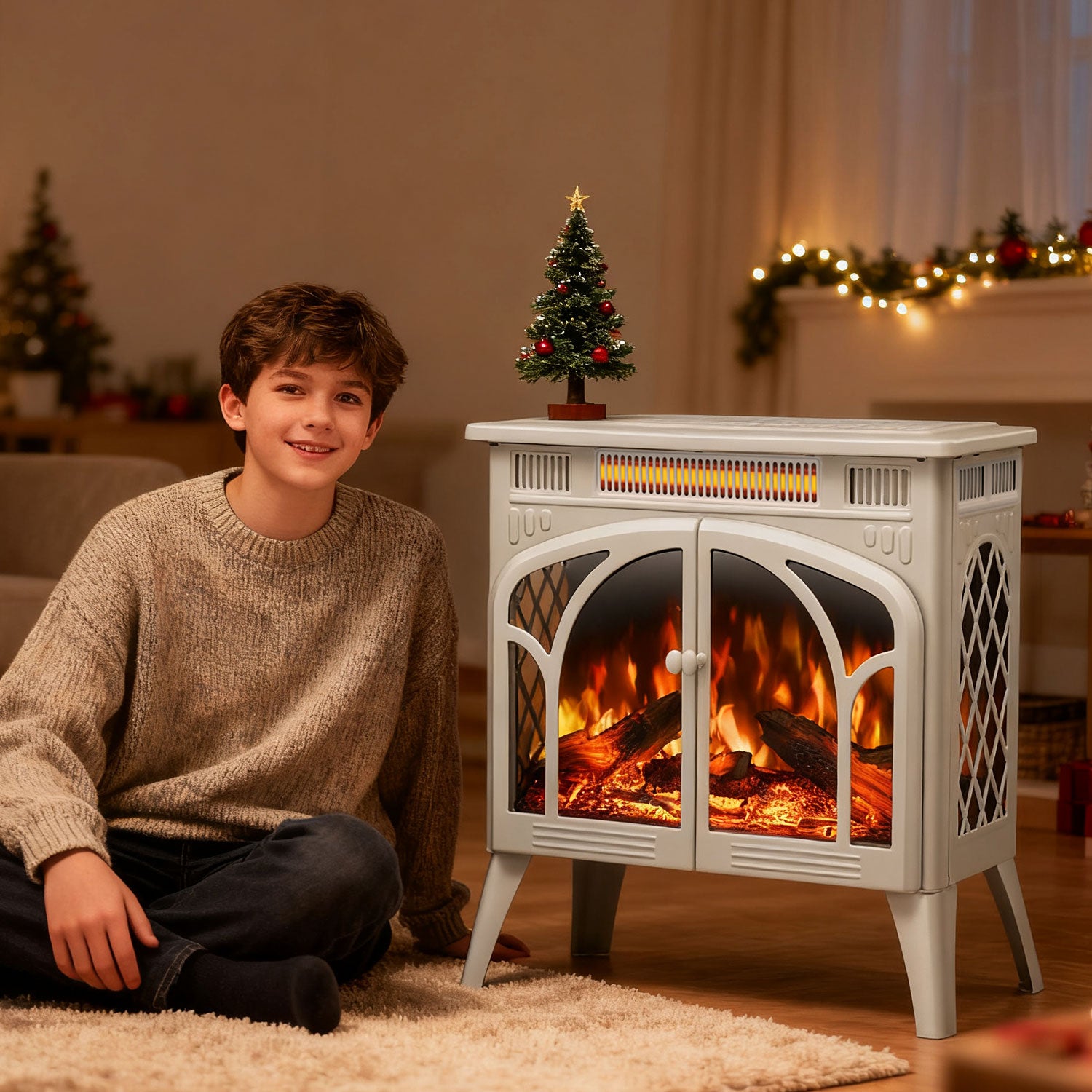 R.W.FLAME 24 Inch Freestanding Electric Fireplace Stove with Controllable 3D Flame, 4 Variable Flame and Log Colors