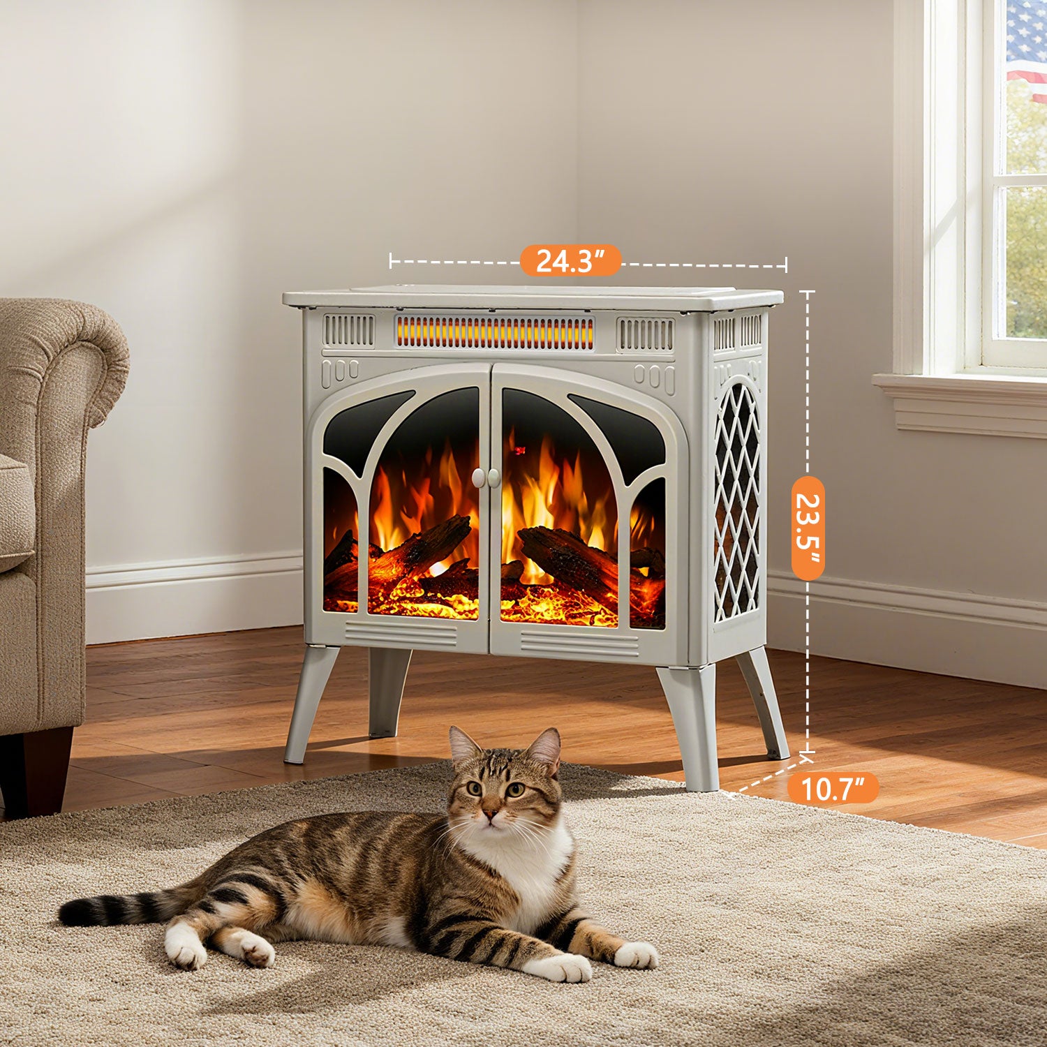 R.W.FLAME 24 Inch Freestanding Electric Fireplace Stove with Controllable 3D Flame, 4 Variable Flame and Log Colors