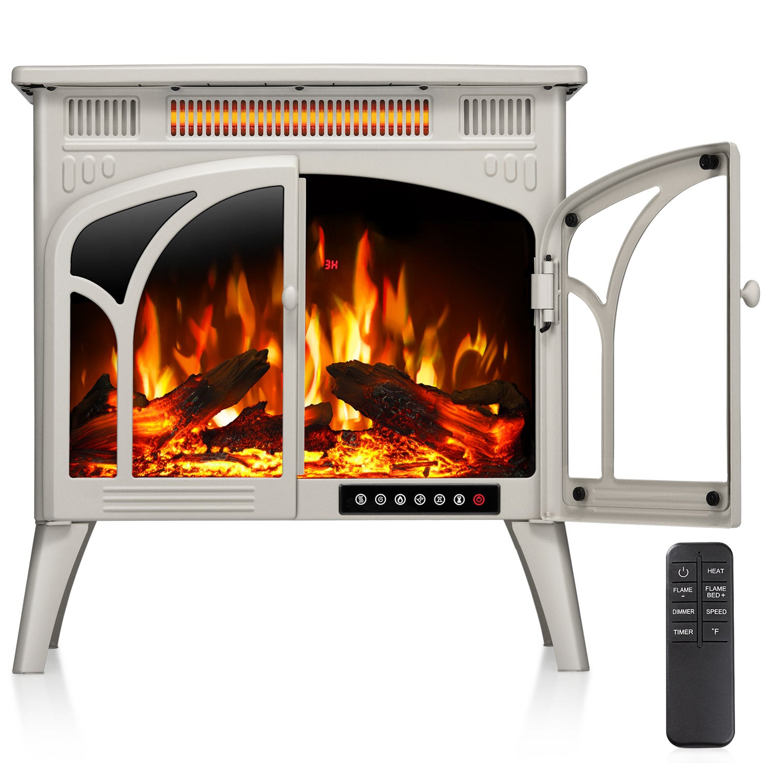 R.W.FLAME 24 Inch Freestanding Electric Fireplace Stove with Controllable 3D Flame, 4 Variable Flame and Log Colors