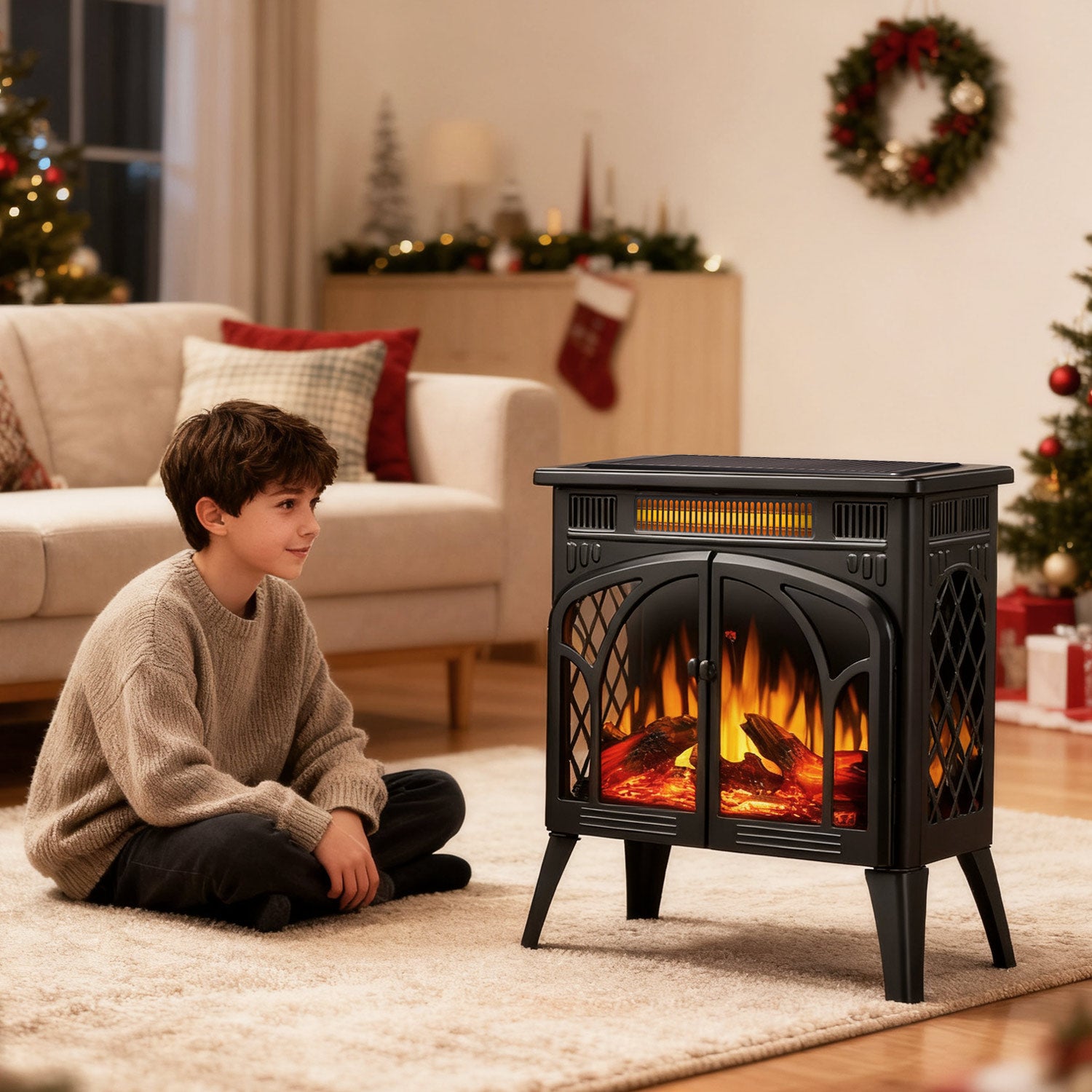 R.W.FLAME 24 Inch Freestanding Electric Fireplace Stove with Controllable 3D Flame, 4 Variable Flame and Log Colors