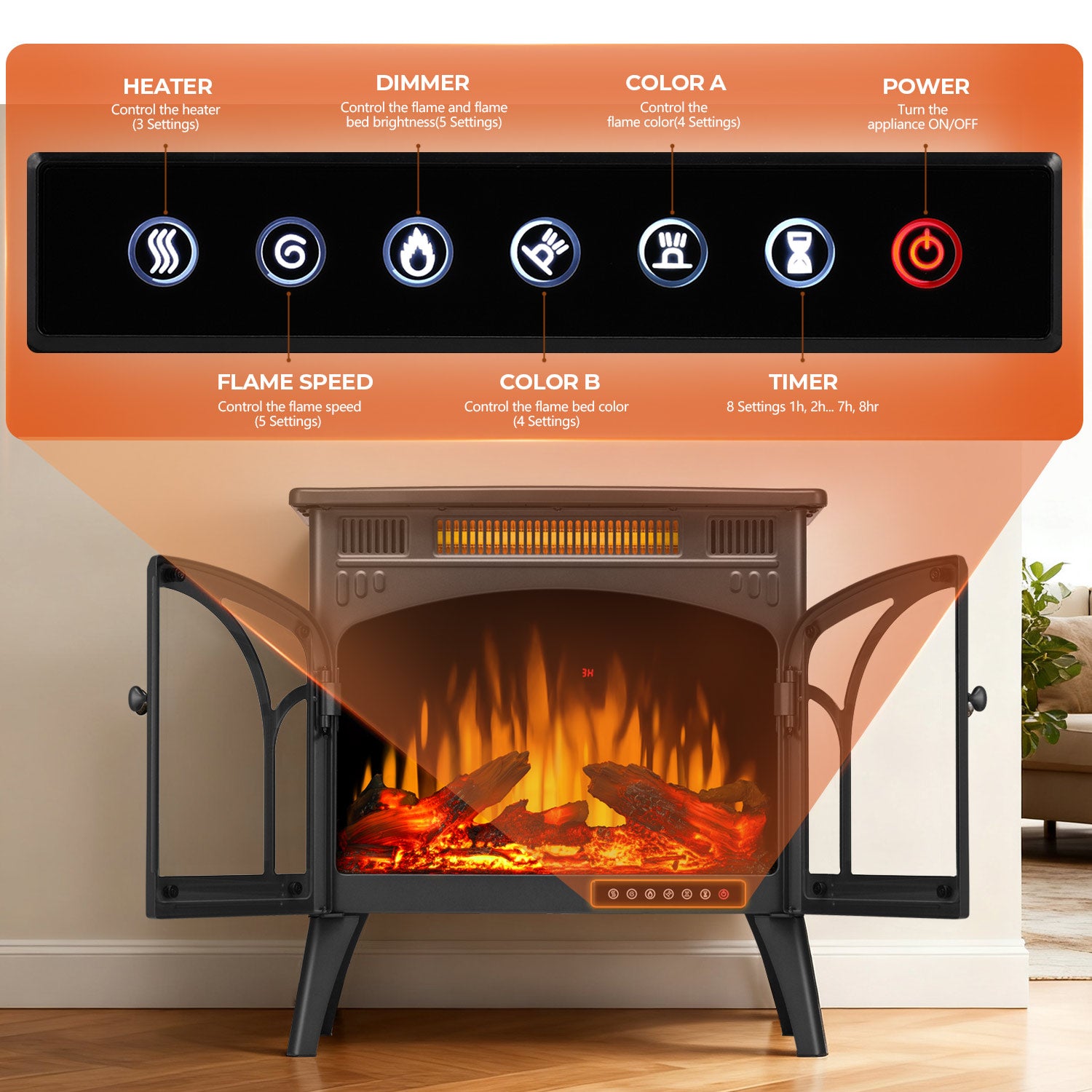 R.W.FLAME 24 Inch Freestanding Electric Fireplace Stove with Controllable 3D Flame, 4 Variable Flame and Log Colors