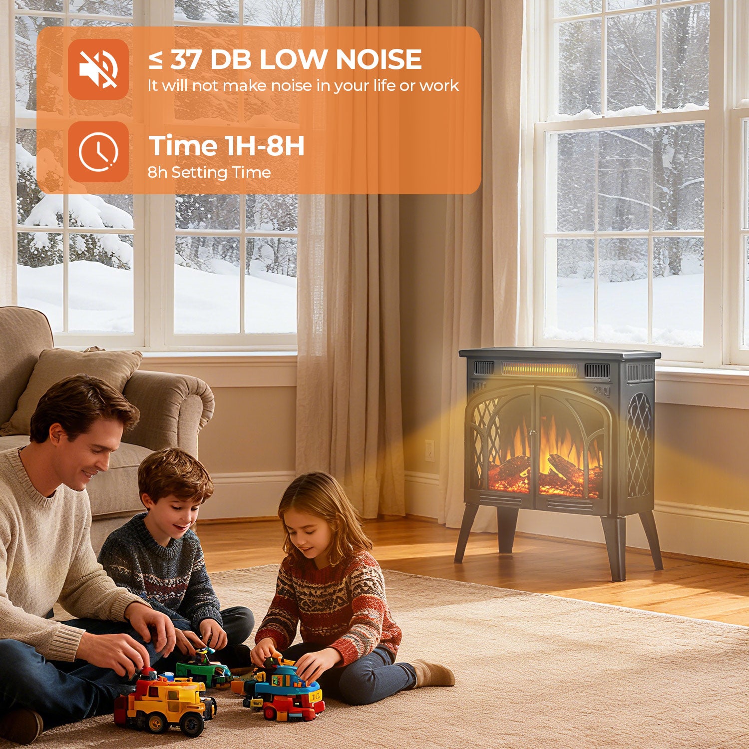 R.W.FLAME 24 Inch Freestanding Electric Fireplace Stove with Controllable 3D Flame, 4 Variable Flame and Log Colors