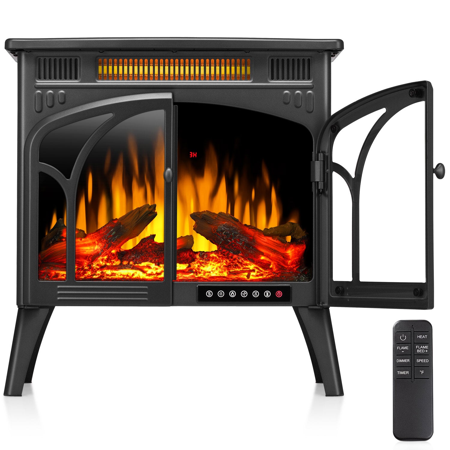R.W.FLAME 24 Inch Freestanding Electric Fireplace Stove with Controllable 3D Flame, 4 Variable Flame and Log Colors