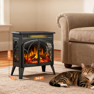R.W.FLAME 24 Inch Freestanding Electric Fireplace Stove with Controllable 3D Flame, 4 Variable Flame and Log Colors