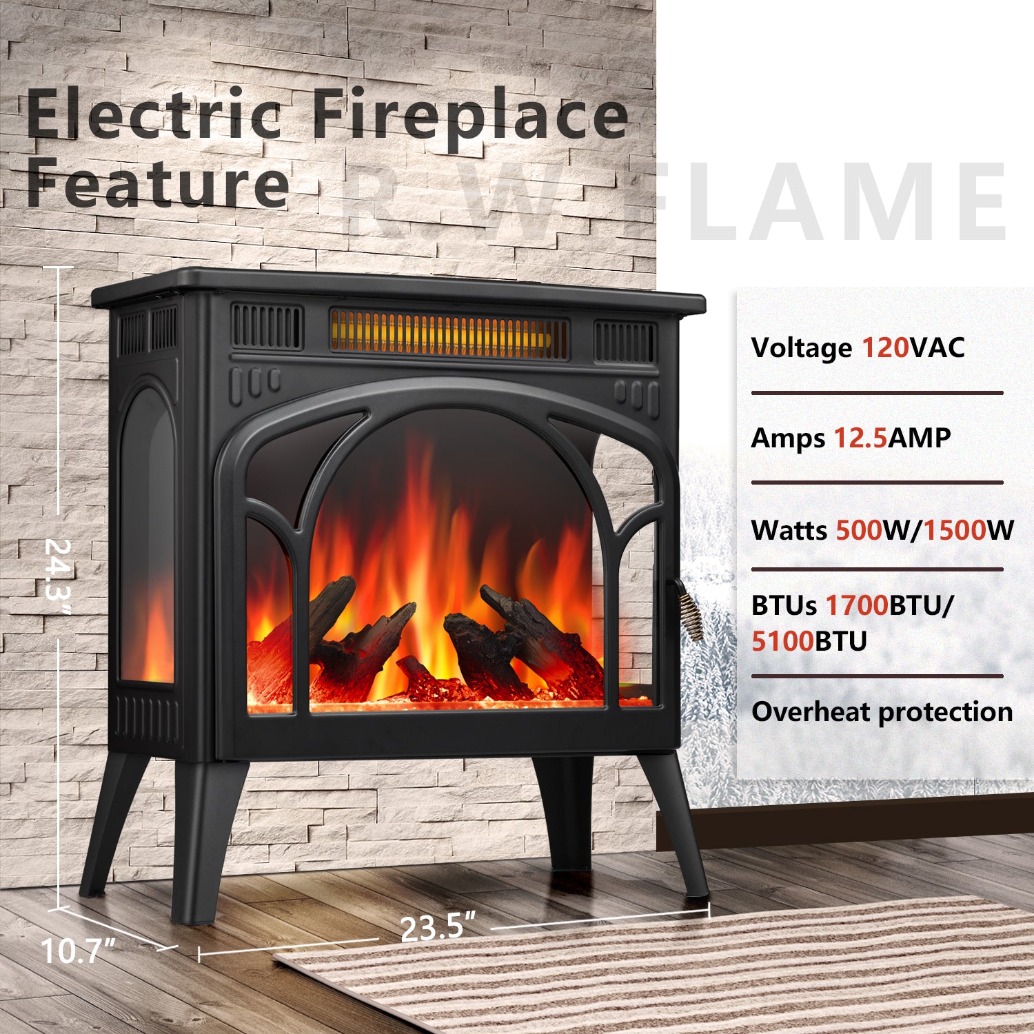 R.W.FLAME Electric Fireplace Heater 25" with 3D Realistic Flame Effect and Different Flame Color, 500W/1500W