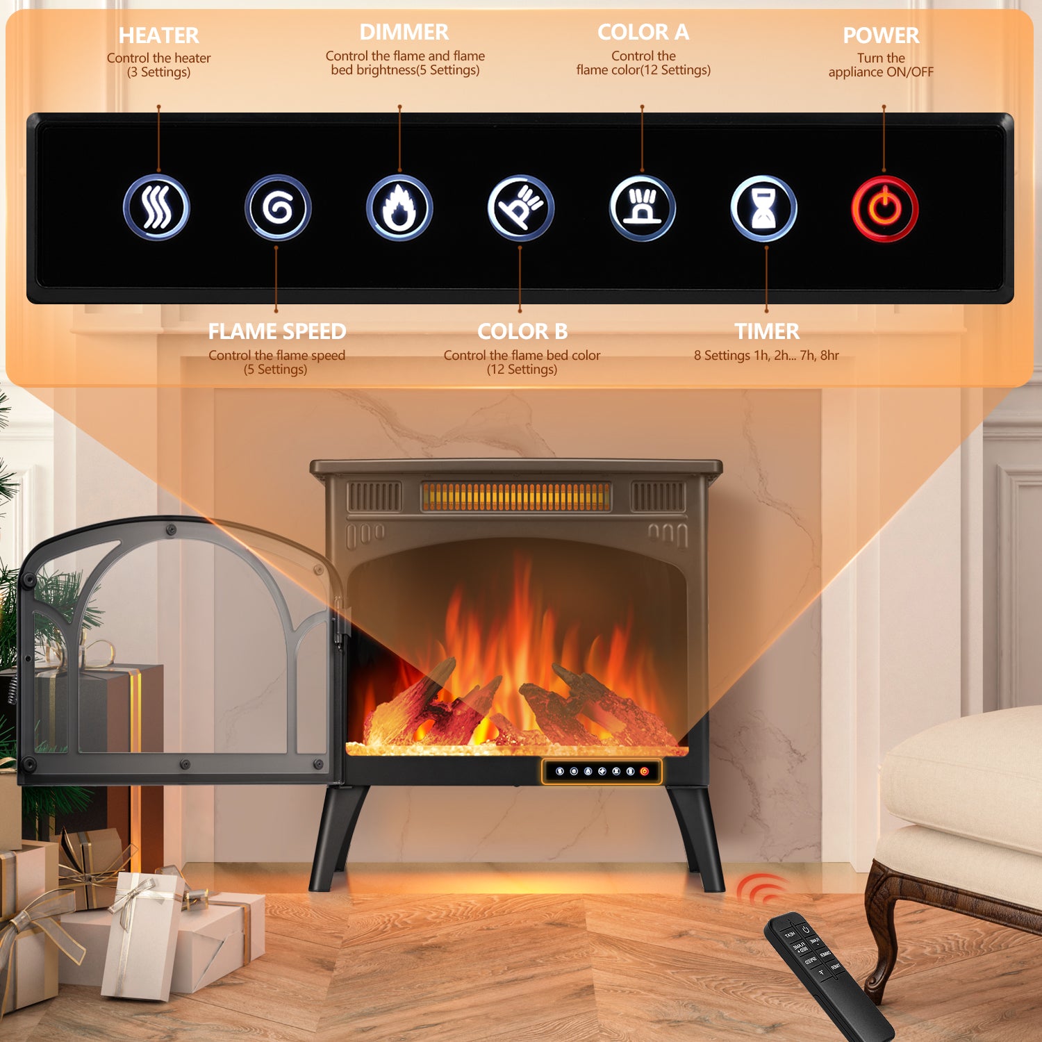 R.W.FLAME Electric Fireplace Heater 25" with 3D Realistic Flame Effect and Different Flame Color, 500W/1500W