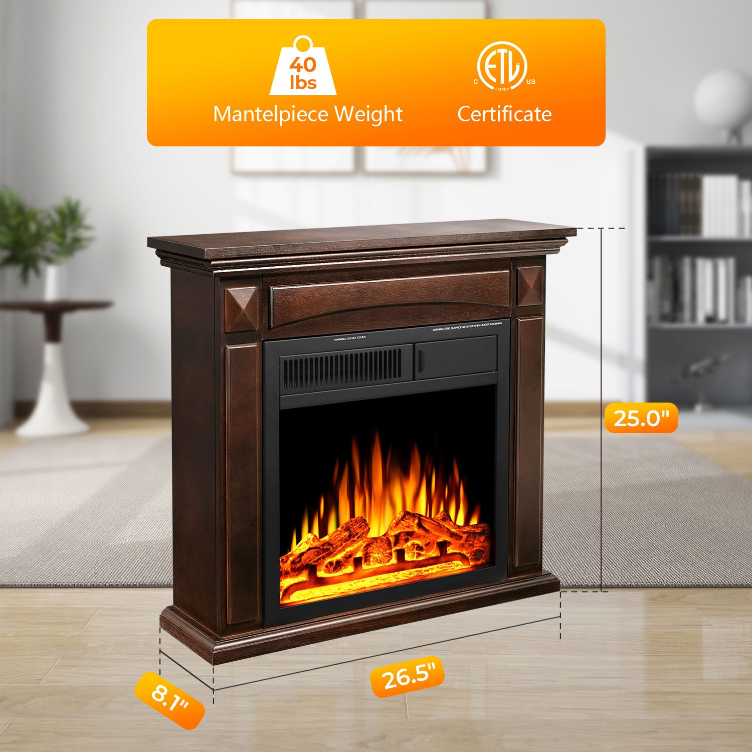 R.W.FLAME 26“ Mantel Electric Fireplace Stove Heater with Remote Control and 7 Flame Brightness