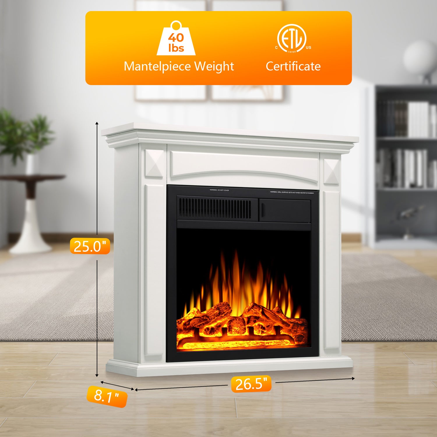 R.W.FLAME 26“ Mantel Electric Fireplace Stove Heater with Remote Control and 7 Flame Brightness