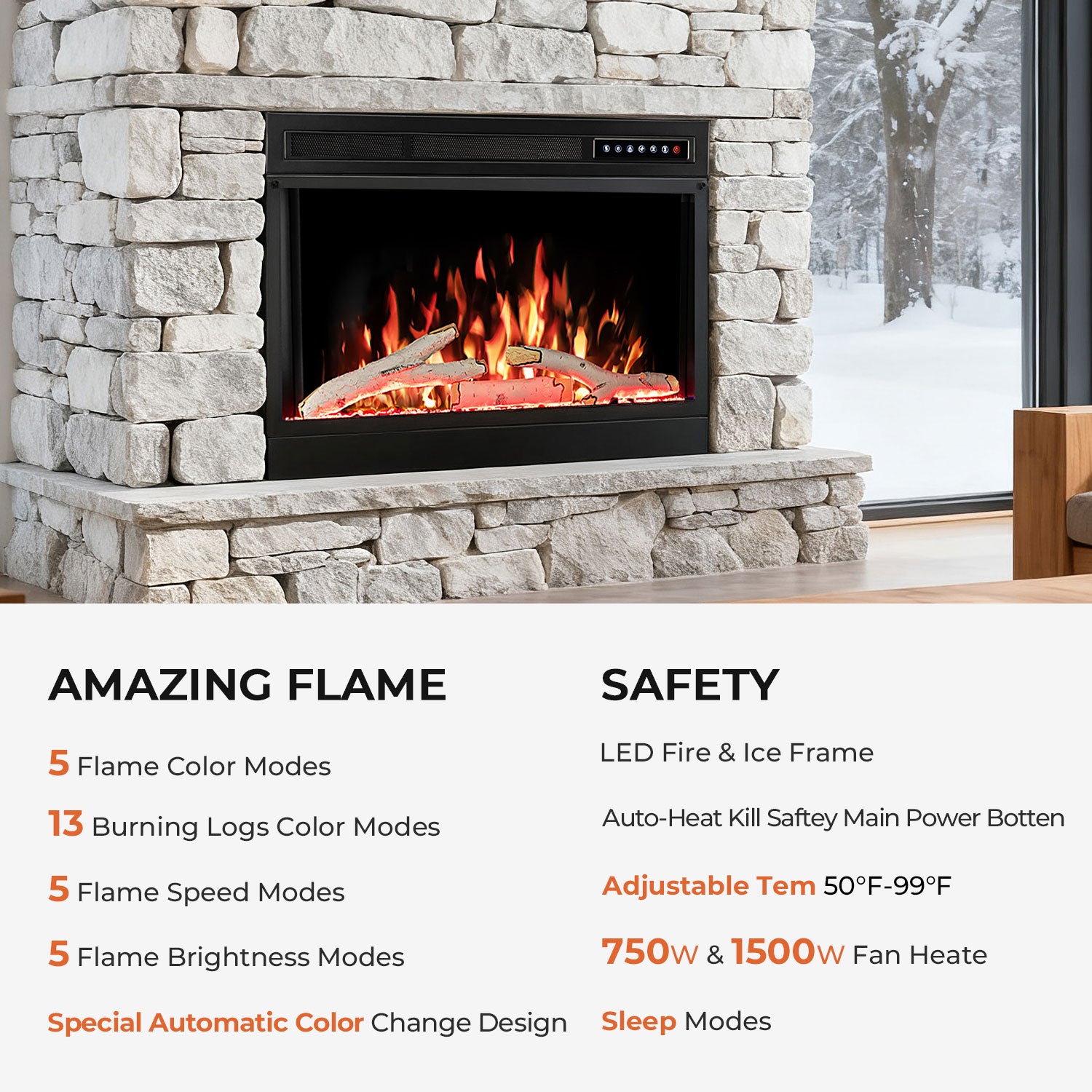 R.W.FLAME 28" Electric Fireplace Insert with Adjustable 5 Flame Colors, 12 Log Colors, 5 Flame Speeds and Brightness