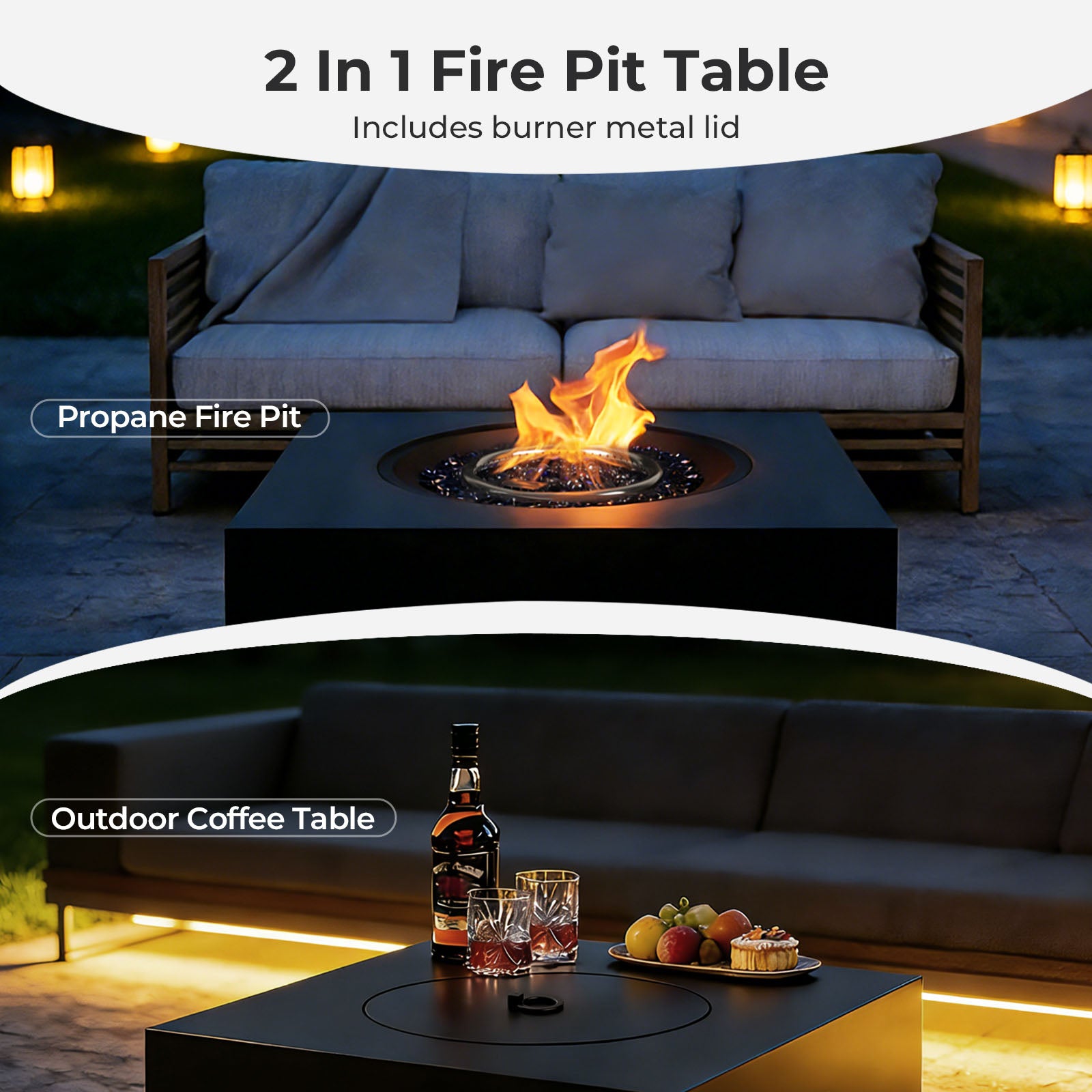 Propane Fire Pit Table 28 Inch Square 40000 BTU 2-in-1 with CSA Certification